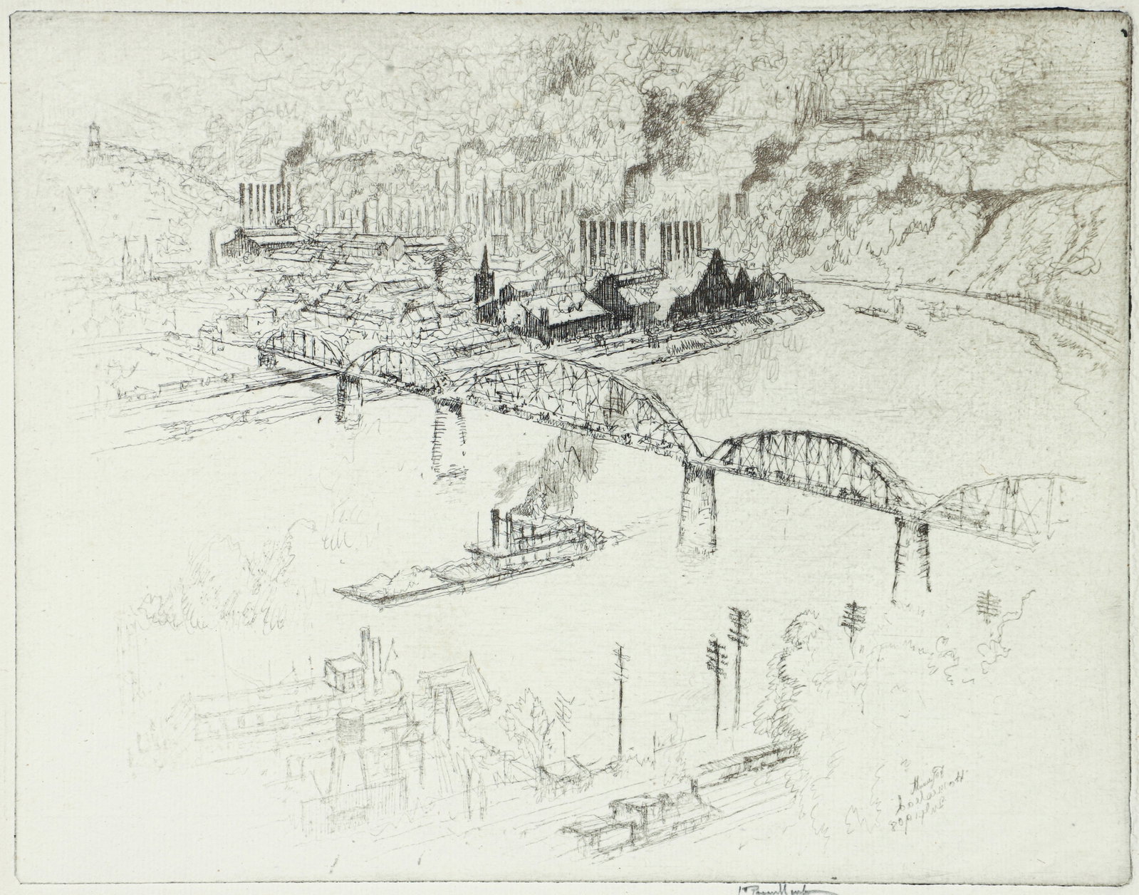 Joseph Pennell Rare 1909 Etching of Homestead: Pennell, Joseph (American, 1857-1926), Homestead, 1909, etching on paper, signed in pencil lower right, impression size 7.75 x 10 inches, matted and framed 14.5 x 16 inches. A striking print that rare