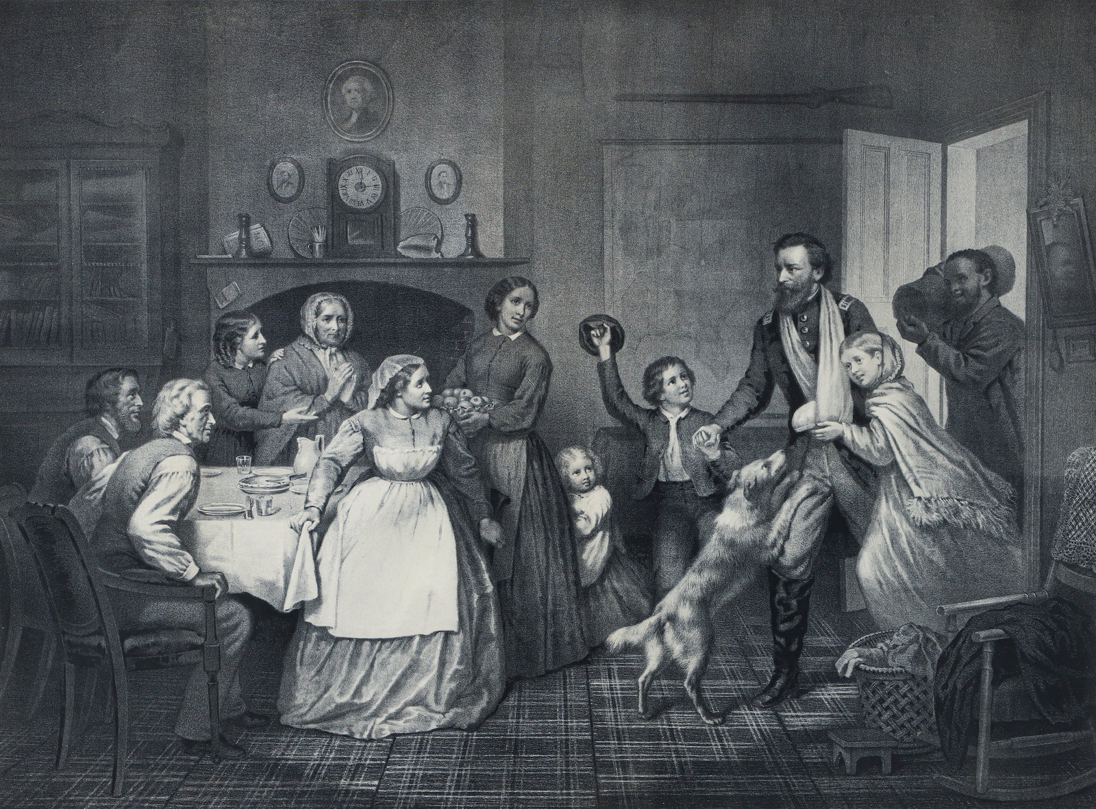 Large Civil War Era Lithograph Home Again after Trevor McClurg: McClurg, after Trevor (American/Pittsburgh, 1816-1893), Home Again, 1866, lithograph on paper, image 22 x 29.5 inches, matted and framed 34 x 39.5 inches. A rare, large-scale lithograph made after a p