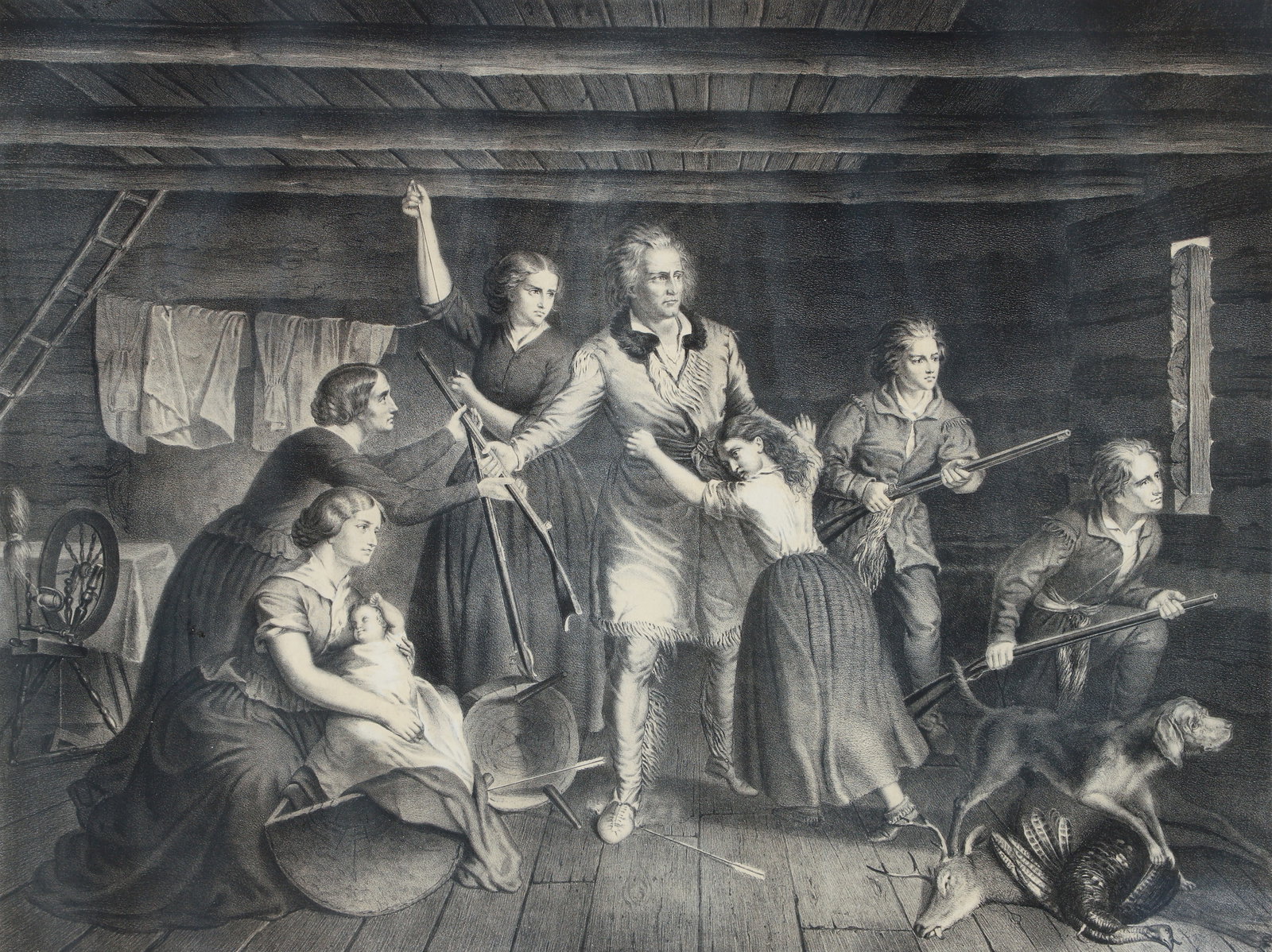 Pioneers Defence First Fine Art Print West of the Alleghenies c.1858: McClurg, after Trevor (American/Pittsburgh, 1816-1893), The Pioneers Defence [Defense], c.1858, lithograph on paper, image 20.25 x 27 inches, matted and framed 34 x 39.5 inches. A rare, large-scale li