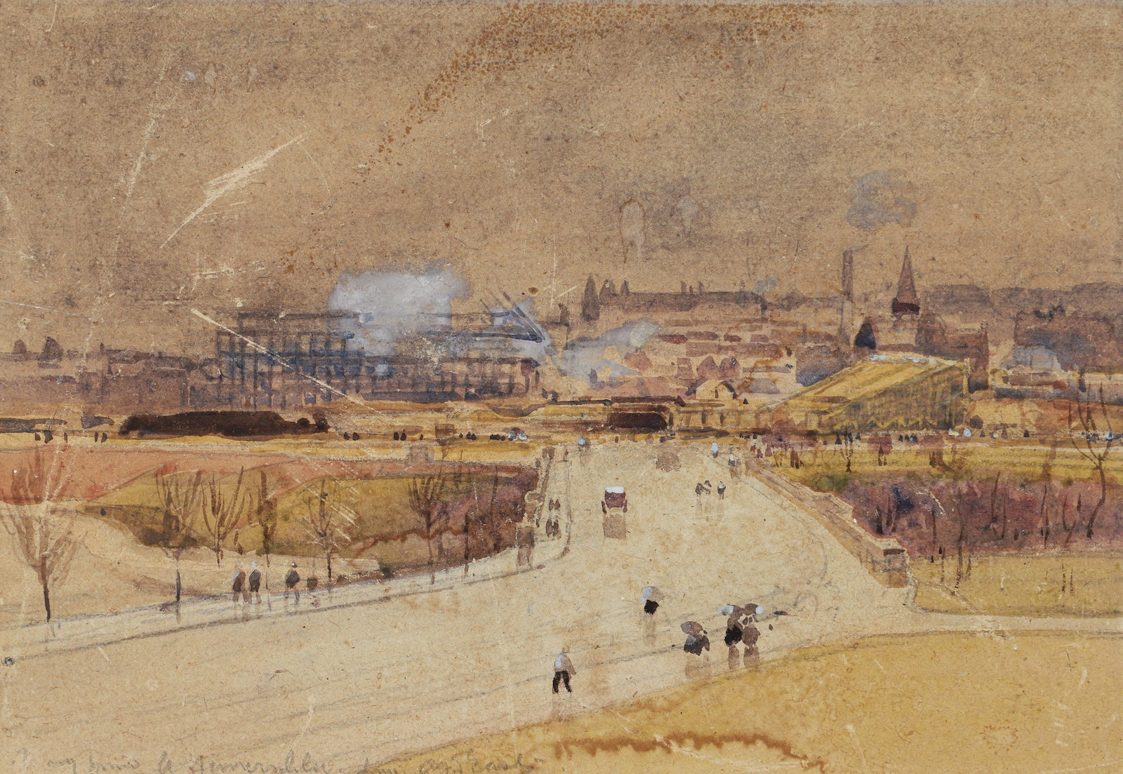 Alfred East 1909 Watercolor Construction of Forbes Field Pittsburgh: East, Alfred (British, 1849-1913), Construction of Forbes Field, Pittsburgh, PA, 1909, watercolor on paper, signed and inscribed by the artist in pencil in the lower left (To my friend A. Hamerschlag 