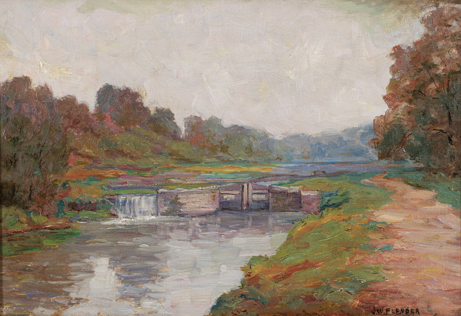J. W. Flender Old Canal Locks, Beaver Oil on Canvas: Flender, John W. (American/Western PA, 1869-1942), Old Canal Locks, Beaver Pennsylvania, oil on canvas, 13.75 x 20 inches, signed lower right, framed measuring 17.5 x 23.25 inches.