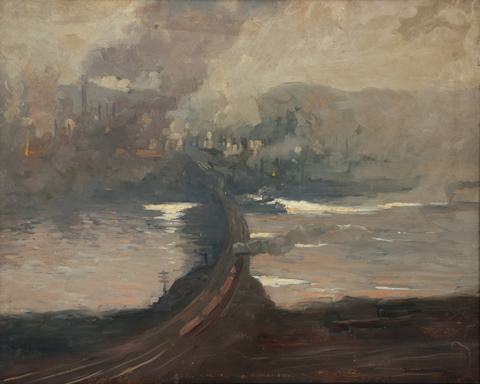 Johanna Woodwell Hailman Pittsburgh Industrial Oil on Canvas 1906: Hailman, Johanna Knowles Woodwell (American/Pittsburgh, 1871-1958), Pittsburgh Industrial Scene, 1906, oil on canvas, signed Johanna K W Hailman and dated lower right, illegible pencil scrawl on the v
