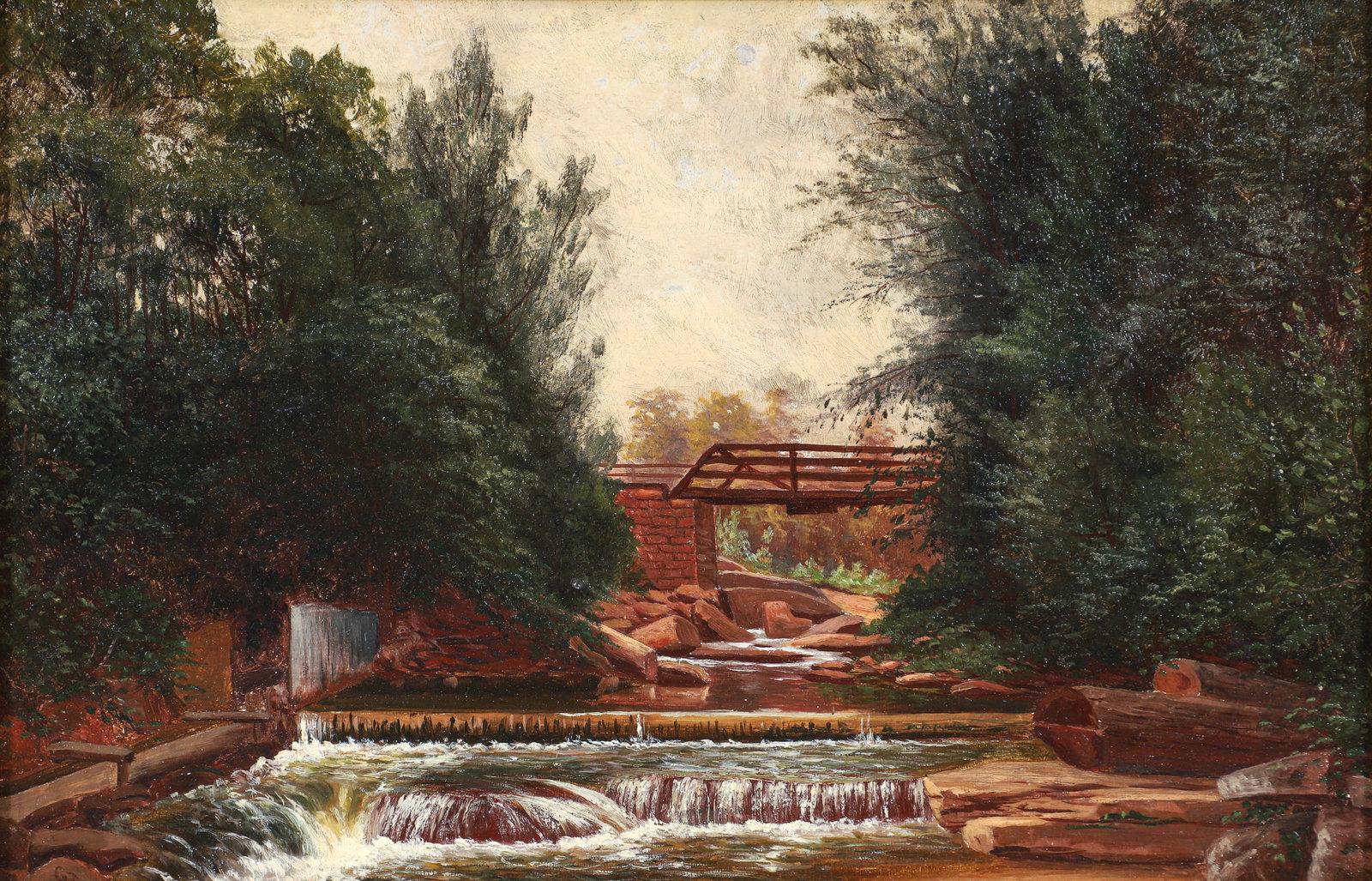 George T. Hetzel Scalp Level Creek Oil on Board: Hetzel, George T. (American/Western PA, 1846-1912), Scalp Level Landscape with Creek and Bridge, undated, oil on canvasboard, initialed lower left, 10 x 15 inches, in a gilt wood frame 13 x 18 inches.