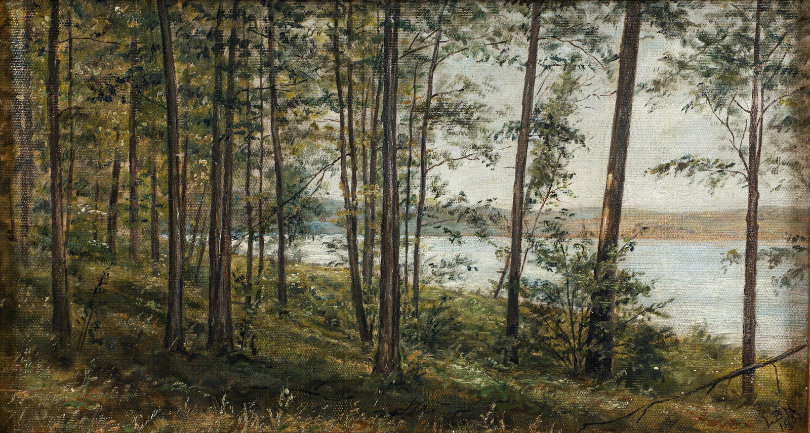 Lila Hetzel Oil on Canvas Treelined Landscape Near the Pond 1900: Hetzel, Lila Barr (American/Pittsburgh, 1873-1967, Treelined Landscape Near the Pond, 1900, oil on canvas, initialed and dated at lower right. Canvas 10 x 18 inches, in a 16 x 24 inch gilt frame. Lila