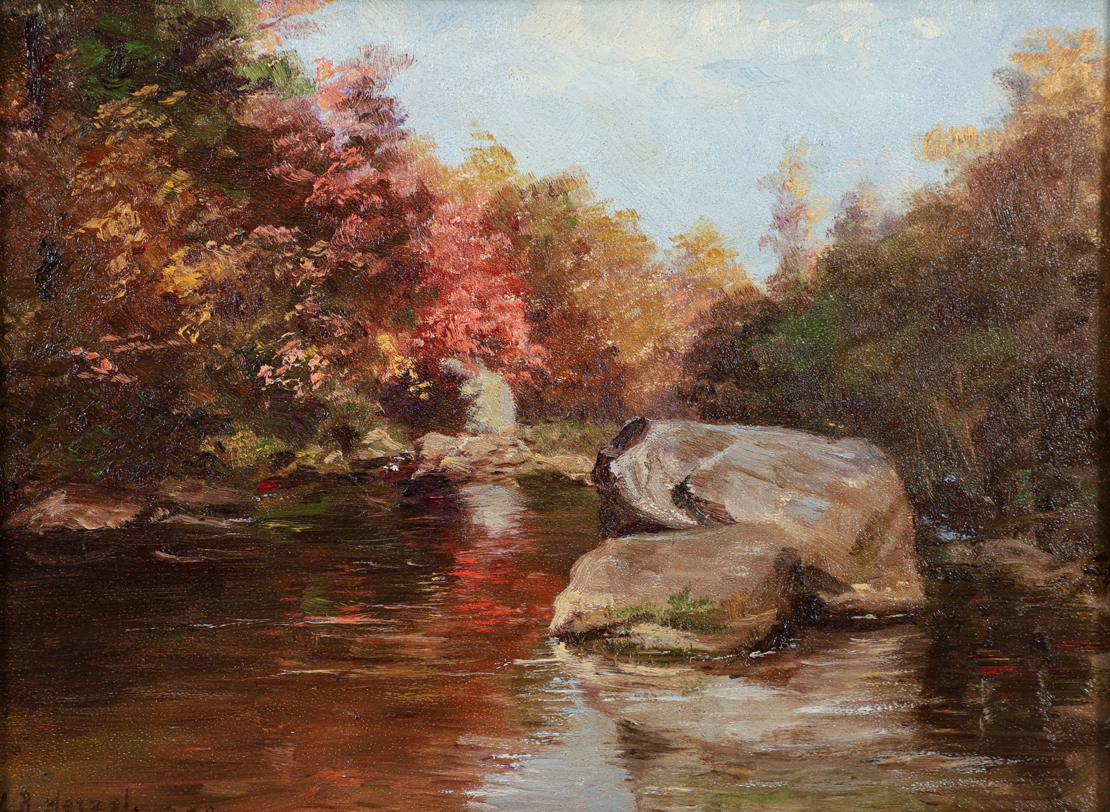 Lila Hetzel 1920 Summer Landscape with Creek Oil on Board: Hetzel, Lila Barr (American/Pittsburgh, 1873-1967), Summer Landscape with Creek, 1920, oil on board, signed and dated lower left, 9 x 12 inches, in a gilt wood frame 12.5 x 15.5 inches. Lila was the d