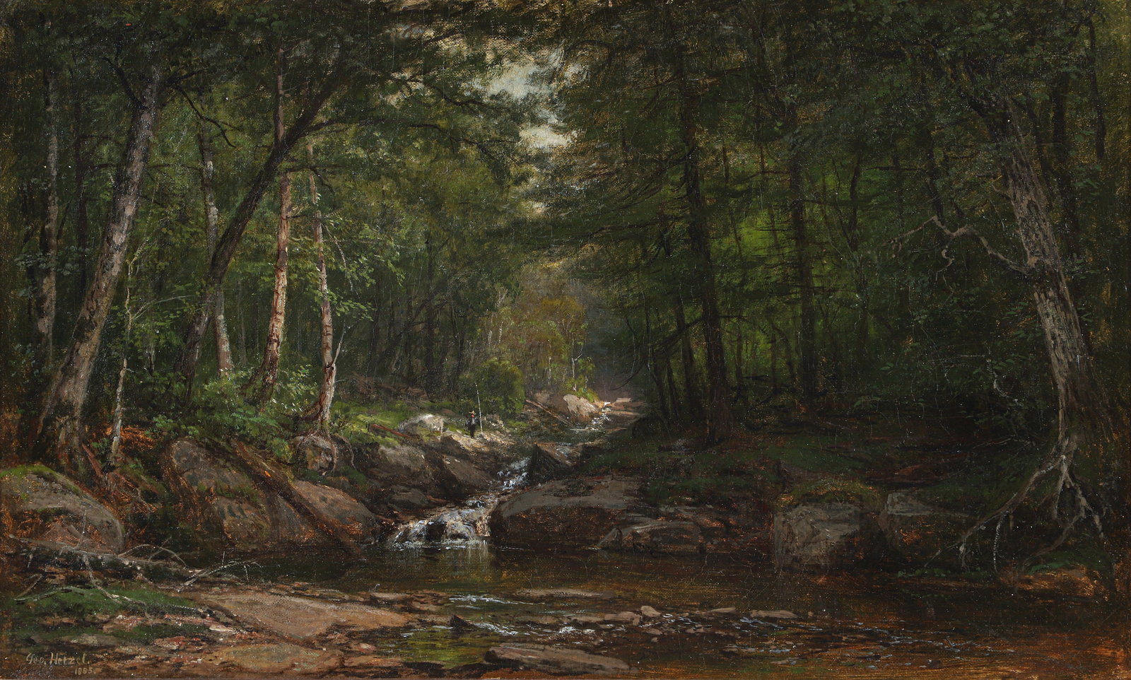 George Hetzel oil painting Scalp Level Fly Fishing: Hetzel, George (American/Western Pa.1826-1899), Scalp Level Fly Fishing, 1885, oil on canvas, 14 x 23 inches, signed and dated lower left corner, framed in a scrolling low relief gilded Victorian fram
