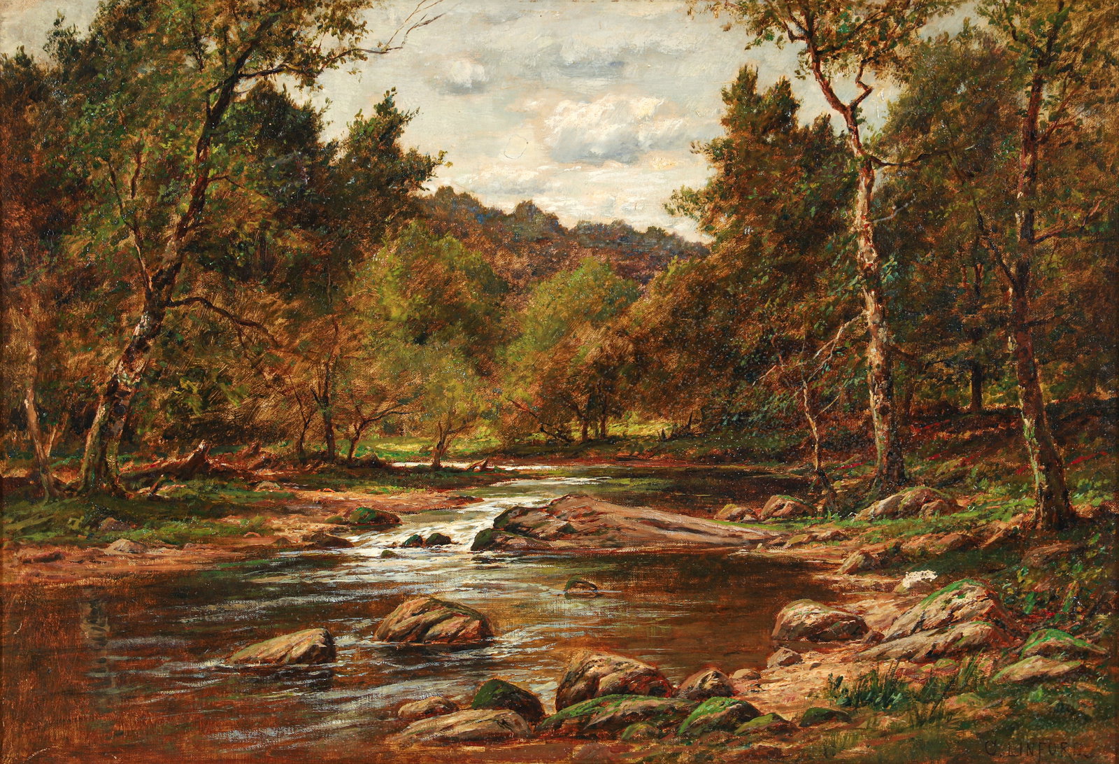 Charles Linford Western PA Trout Stream Oil on Canvas: Linford, Charles (American/Western PA, 1846-1897), Western Pennsylvania Trout Stream, undated, oil on canvas, signed lower right, 18 x 26 inches, in a gilt wood frame 26.5 x 34.5 inches. Provenance: d