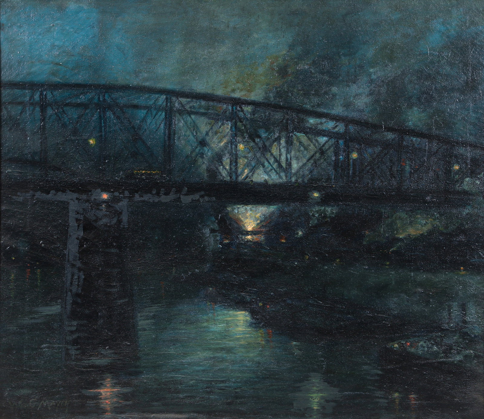 William G. Mayer Pittsburgh Nocturne Bridge Scene Oil on Canvas c.1910s (1 of 4)