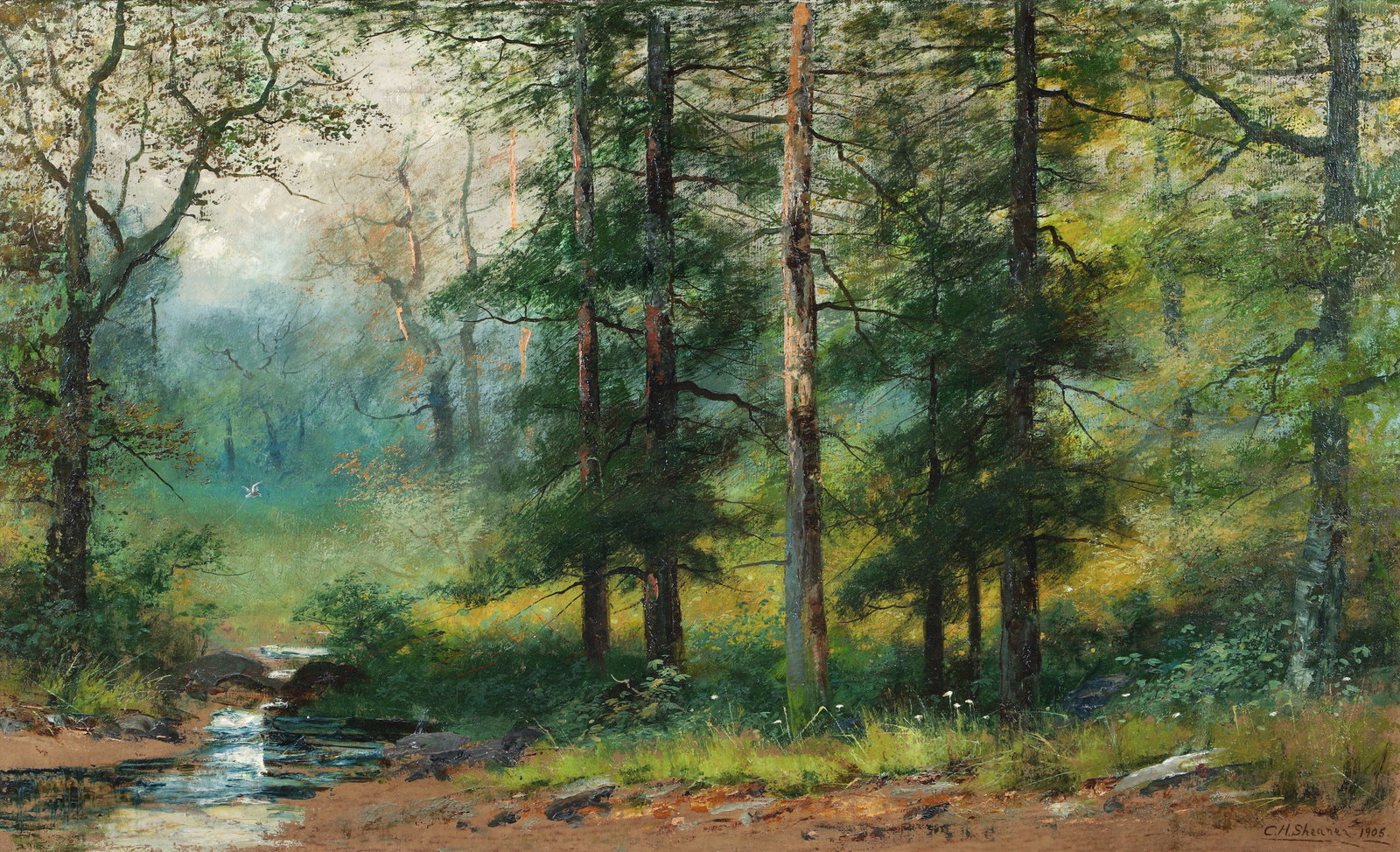 Christopher High Shearer 1905 Oil Wooded Landscape: Shearer, Christopher High (German/American/Pittsburgh, 1846-1926), Wooded Landscape, 1905, oil on canvas, relined, signed and dated lower right, 22 x 36 inches, in a carved gilt wood frame 28 x 42 inc