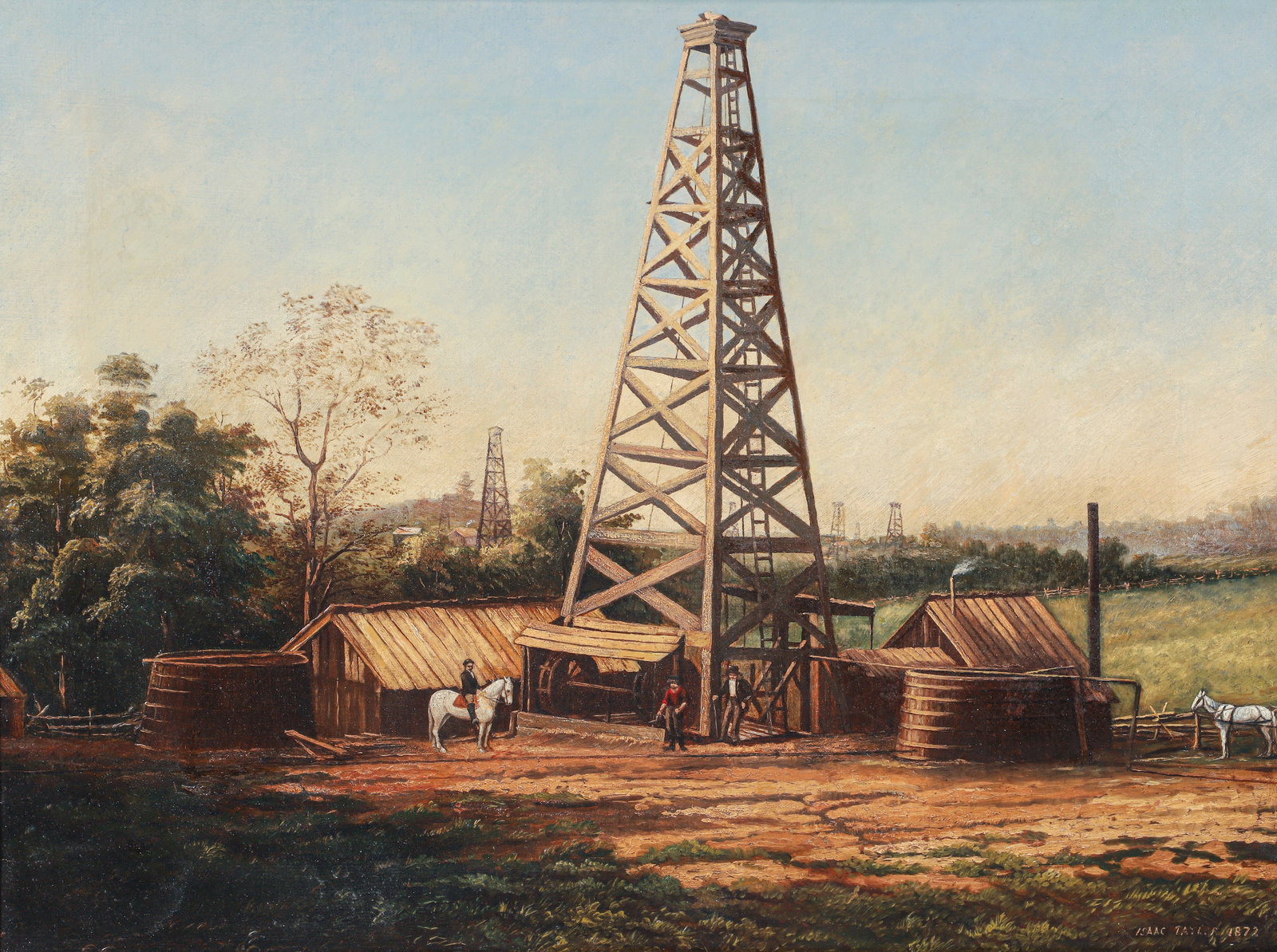 Isaac Taylor 1872 Pennsylvania Oil Field Scene Painting: Taylor (or Tayler), Isaac (American, 19th century), Oil Drilling Scene with Derricks, Workers and Man on Horse (presumably the owner of the oil field), 1872, oil on canvas, signed and dated lower righ