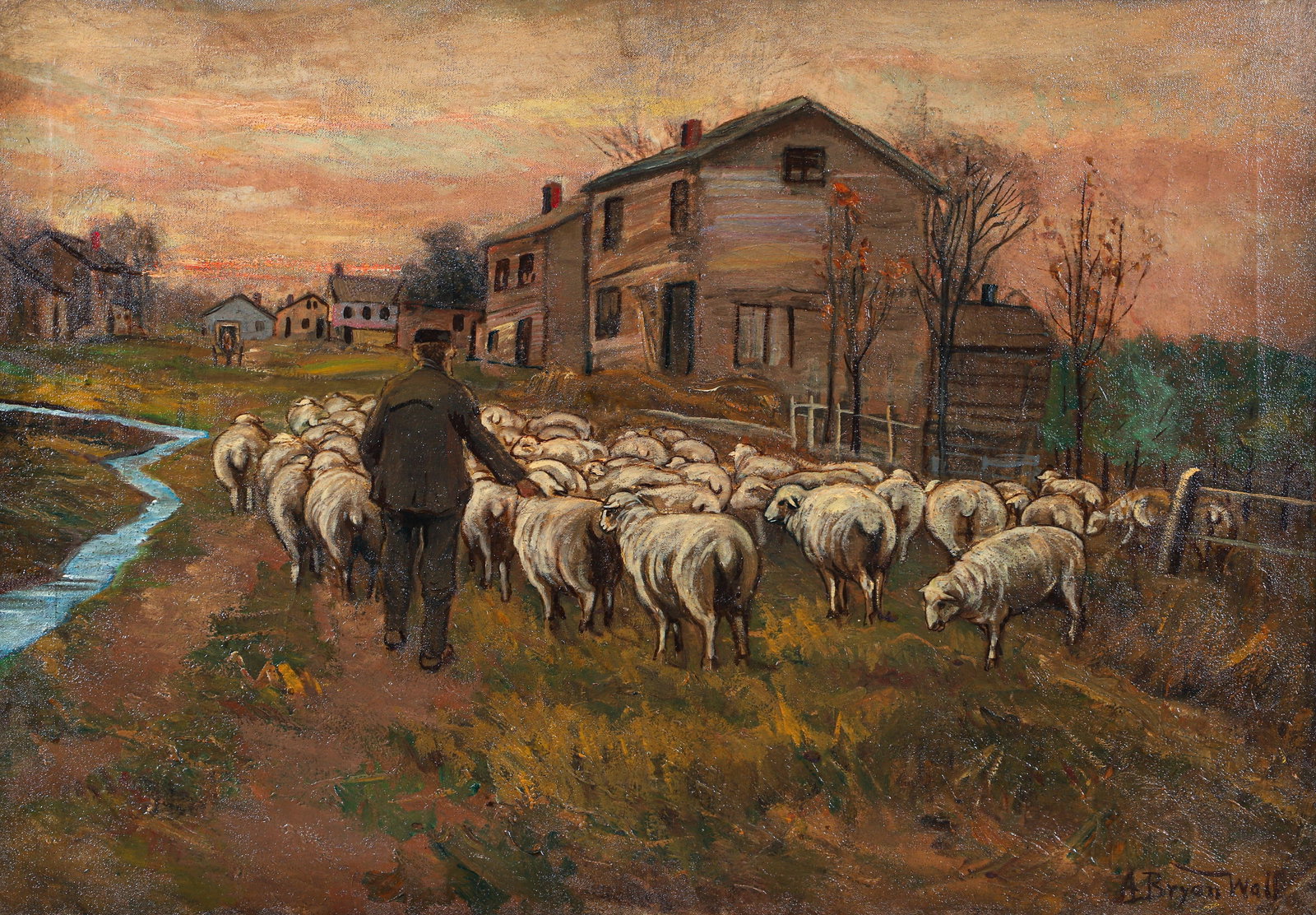 A. Bryan Wall Oil on Canvas Old Village Shephard: Wall, Alfred Bryan (American/Pittsburgh, 1861-1935), Old Village Shephard, undated, oil on canvas, signed at lower right. Title and size on stretcher. A fine example of AB Wall's work. Canvas 24 x 37 