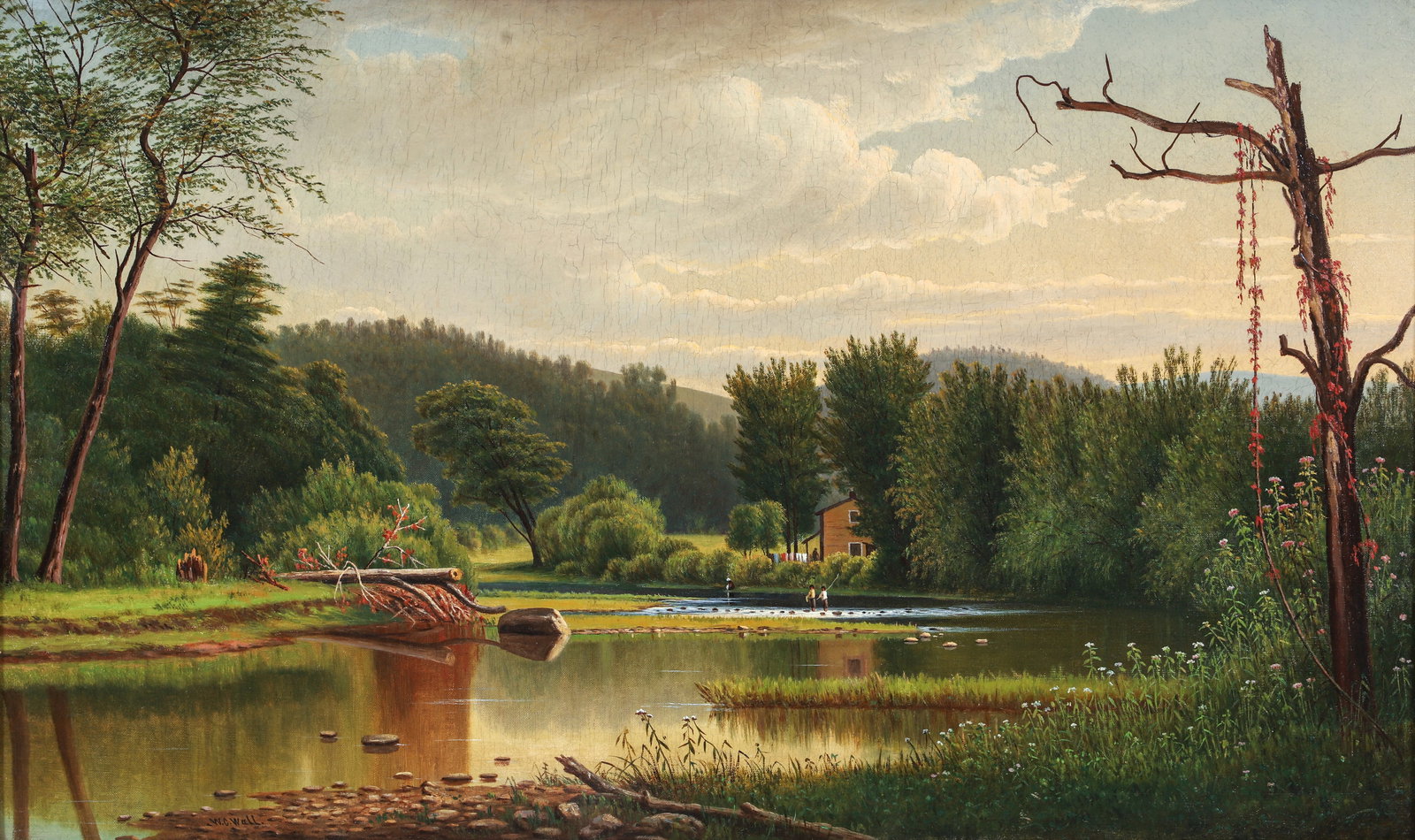 W. C. Wall Western PA Landscape with Stream, Household and Fishermen (1 of 5)