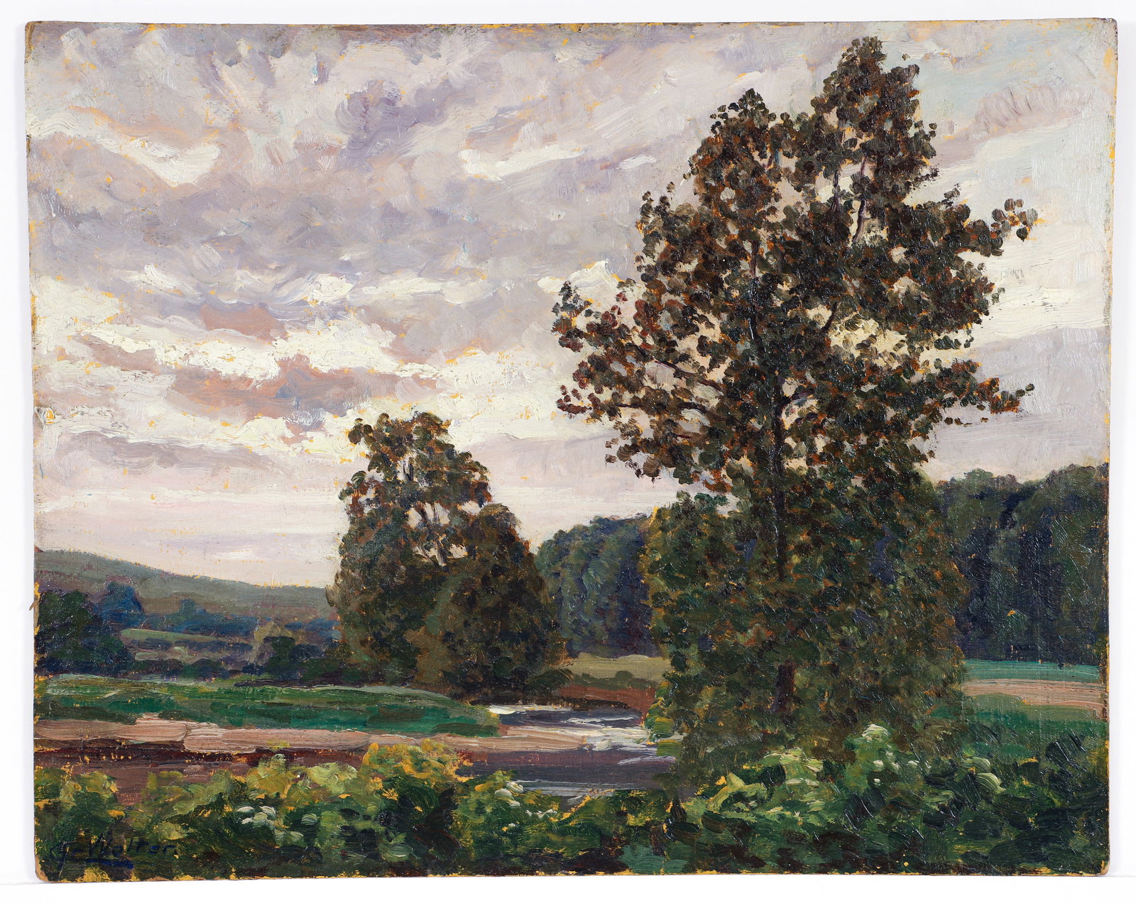 Christian Walter Late Afternoon Oil on Board: Walter, Christian J. (American/Pittsburgh, 1872-1938), Late Afternoon, undated, c.1920, oil on artist's board, signed lower left, 16 x 19.75 inches, unframed. Old title label in an unknown hand affixe