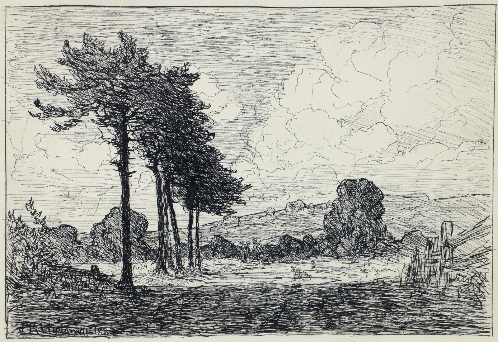 Joseph R. Woodwell rare Landscape ink drawing 1887: Woodwell, Joseph Ryan (American/Pittsburgh, 1842-1911), Landscape With Two Figures in the Center, Possibly Hunters, 1887, ink on paper, signed and dated lower left, image 6.25 x 9.25 inches, sheet siz