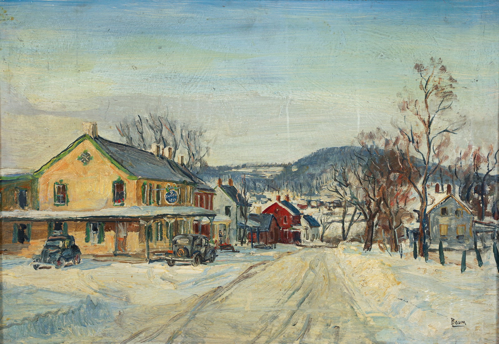 Walter Baum Winter Street in Sellersville Oil on Board: Baum, Walter Emerson (American/Sellersville PA, 1884-1956), Winter Street in Sellersville, undated, oil on masonite board, signed lower right, 18.25 x 26 inches, in a wood frame 22 x 29.75 inches. Pro