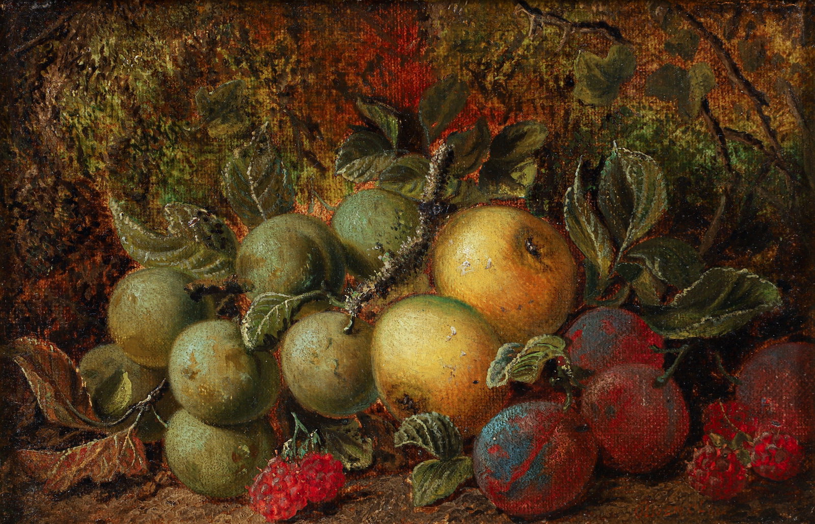 Oliver Clare Still Life with Fruit Oil on Canvas: Clare, Oliver (British, 1853-1927), Still Life with Fruit, undated, signed in red lower right corner, 6 x 9 inches, in a gilded wood frame 9.5 x 12.5 inches. Provenance: Concept Gallery auction, June 
