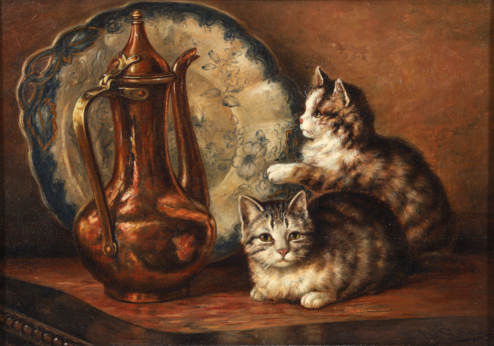 August Laux oil Two Kittens Playing on a Tabletop (1 of 3)