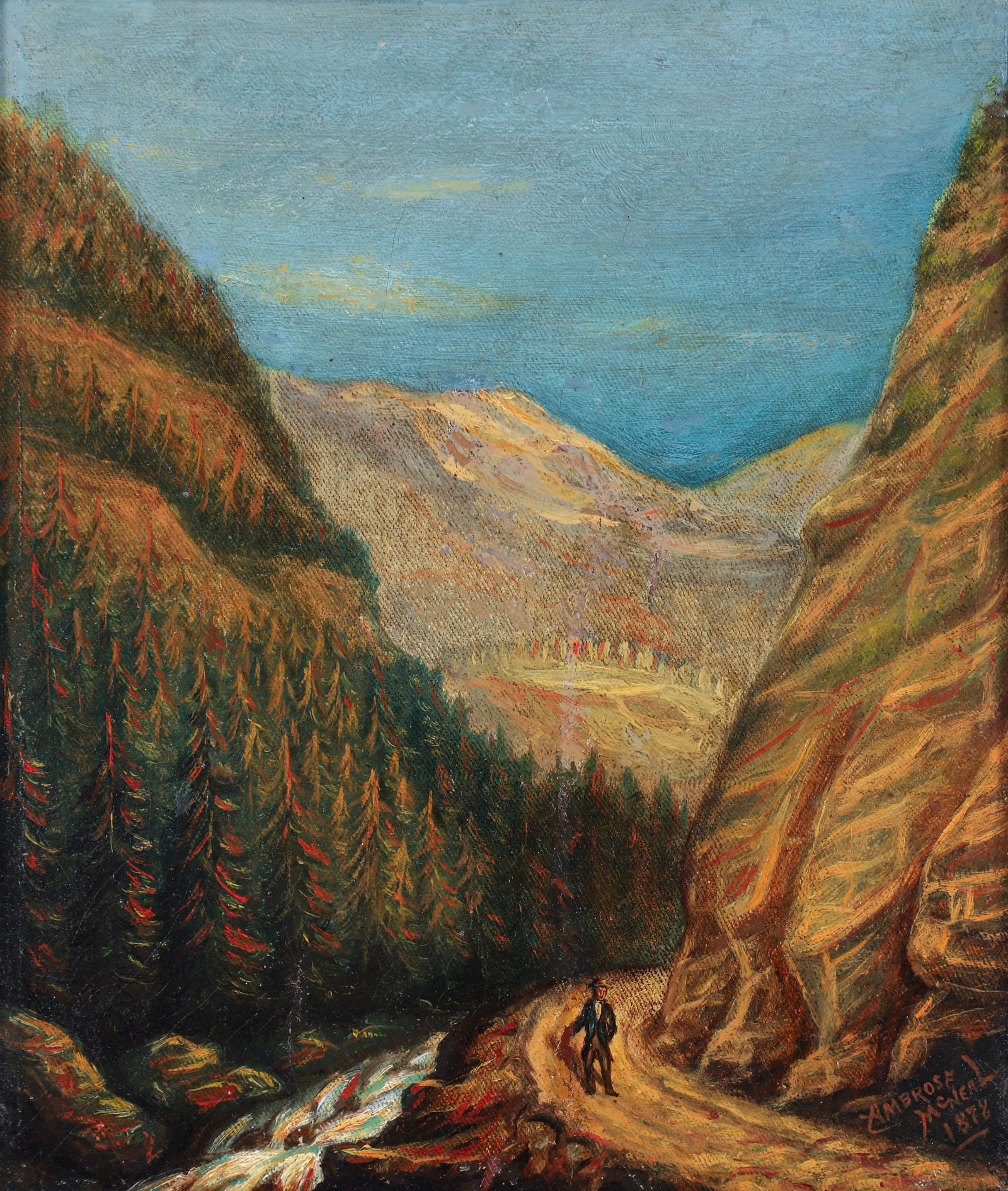 Ambrose McNeal 1878 Oil on Canvas Kettle Creek in Altoona: McNeal, Ambrose (American/Chicago, 19th century), Kettle Run Pass, 2 1/2 Miles from Altoona, Blair County, PA, 1878, oil on canvas, signed and dated lower right, also titled, signed and dated on the v