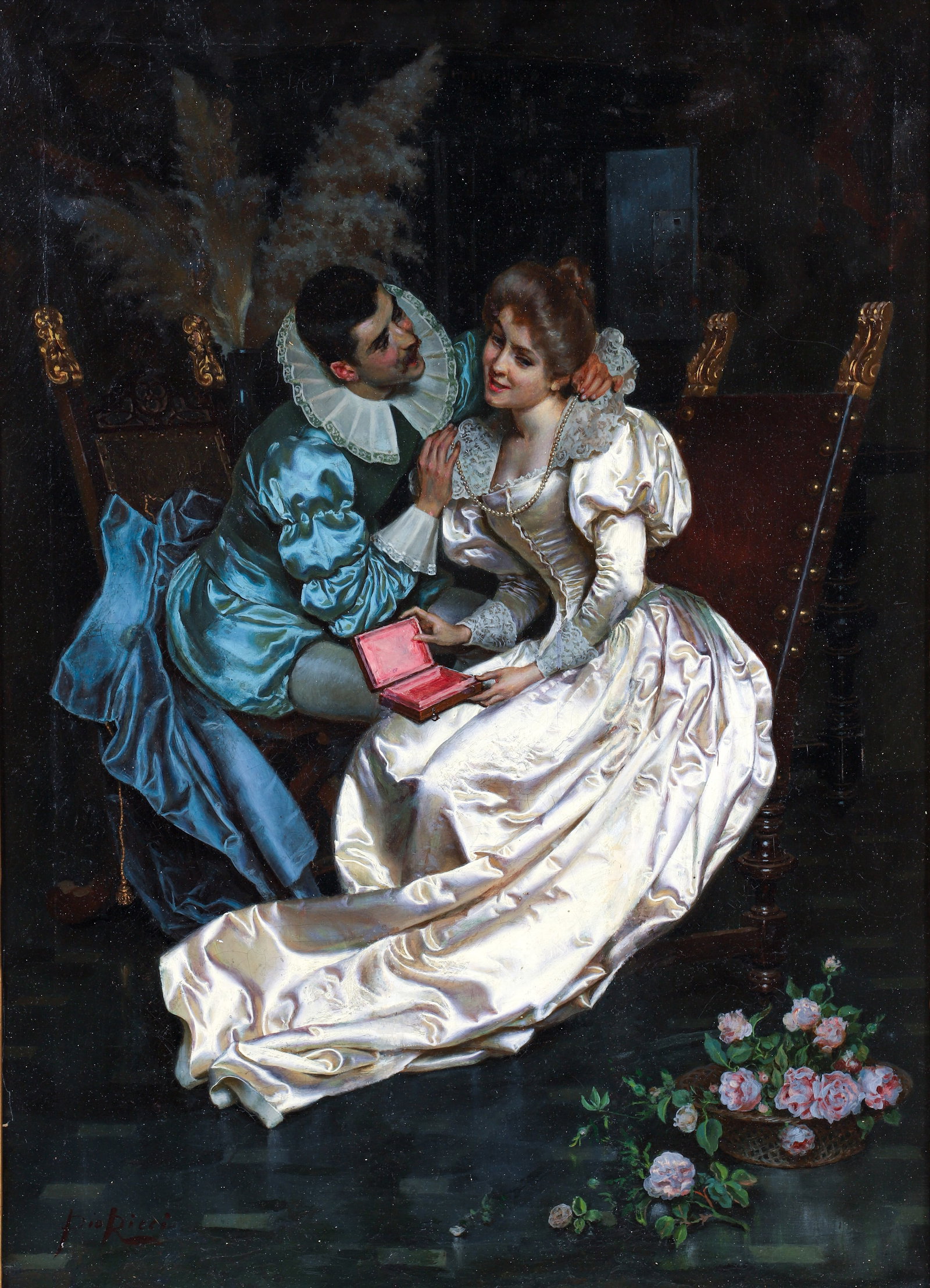 Pio Ricci Oil on Canvas The Lovers: Ricci, Pio (Italian, 1850-1919), The Lovers, oil on canvas, signed at the lower left. Canvas 29.5 x 21.25, in a 33.5 x 25.5 inch gilt composite frame.