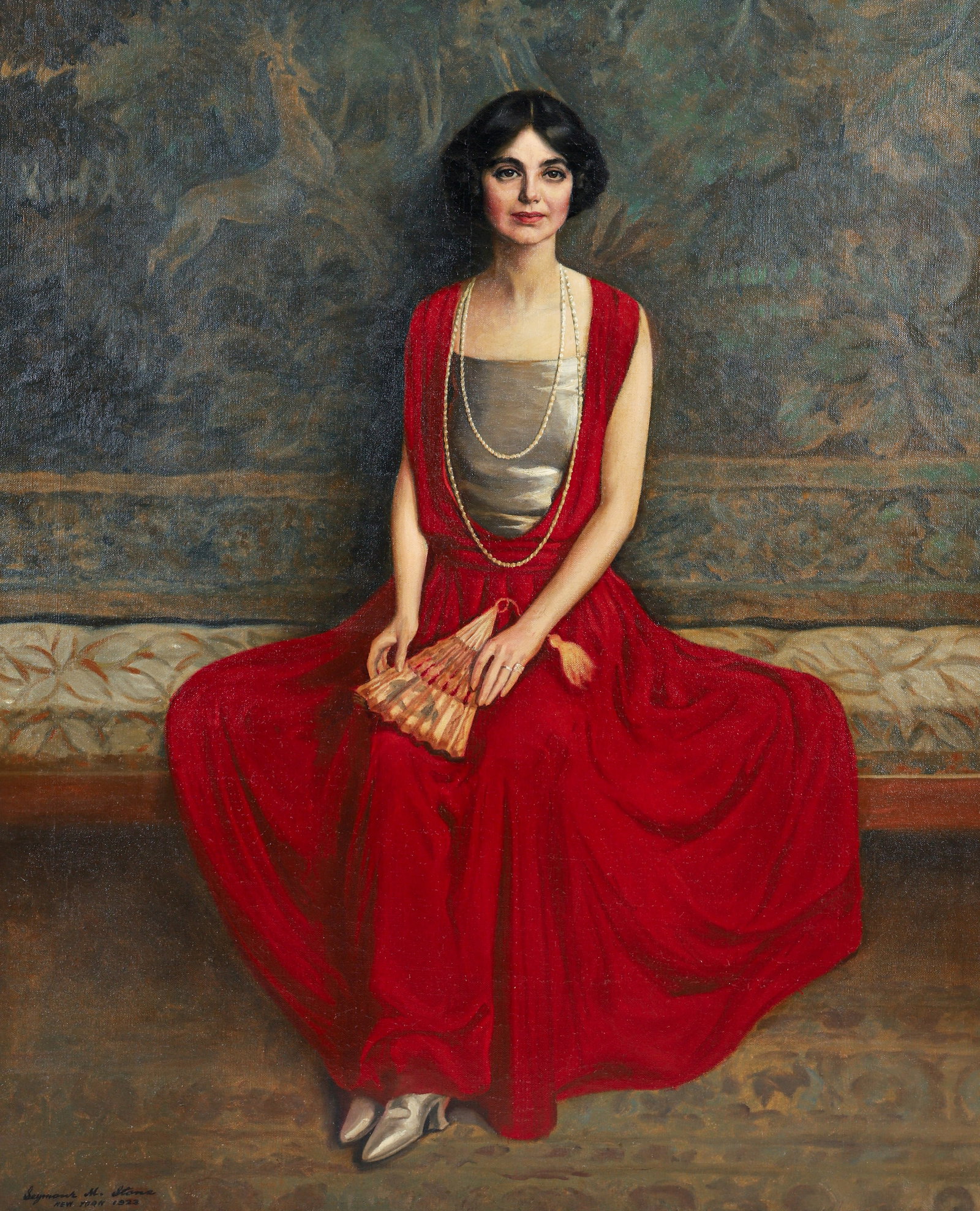 Seymour M. Stone New York City Jazz Age Society Portrait 1923 Oil on Canvas: Stone, Seymour Millais (Russian/American, 1877-1957), Full Length Society Portrait of a New York City Lady, 1923, oil on canvas, signed and dated lower left, 62 x 51 inches, in a period frame 67 x 58 