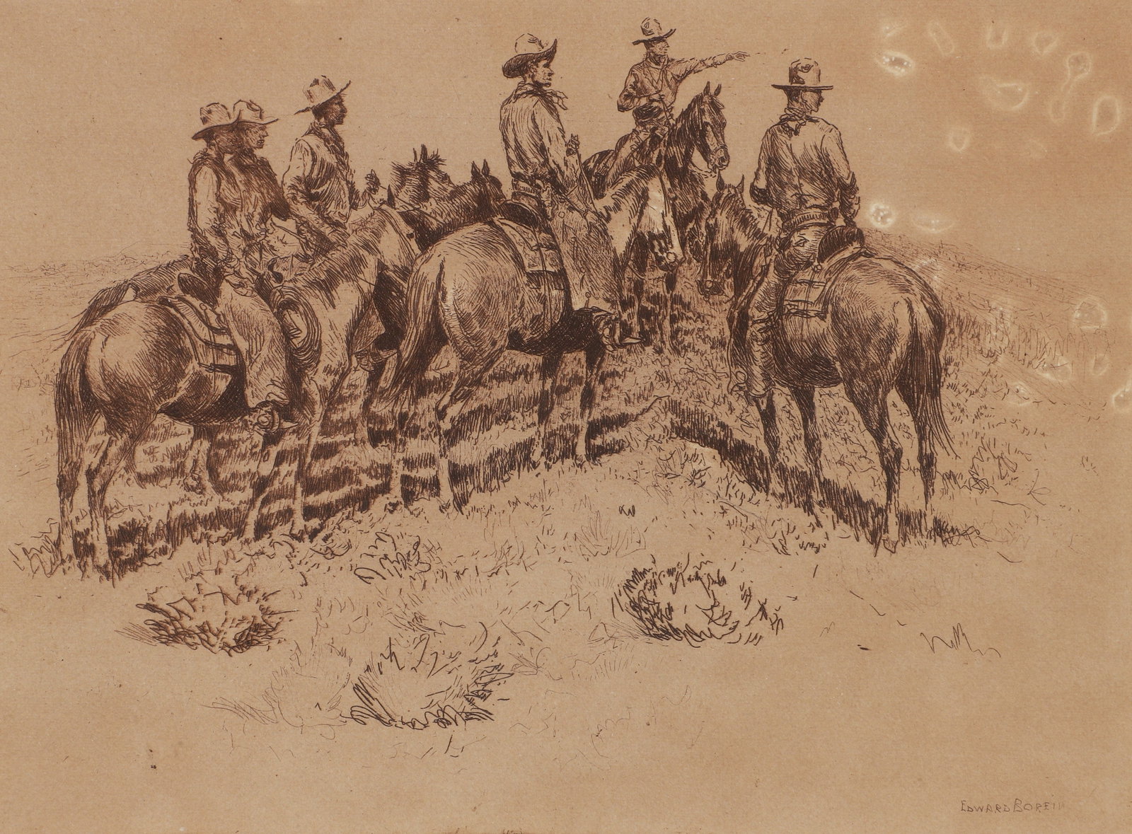 Edward Borein etching Splitting the Riders (1 of 3)