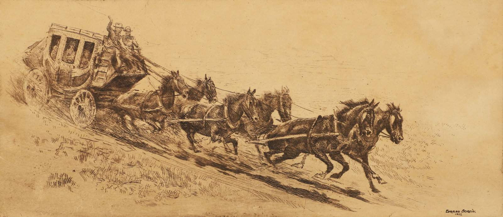 Edward Borein 1922 etching The Overland Mail (2nd State): Borein, Edward (American, 1872-1945), The Overland Mail (2nd State), 1922 (Galvin 140), etching and drypoint on cream wove paper, 4.5 x 10 inches (plate), pencil signed lower right and signed and date