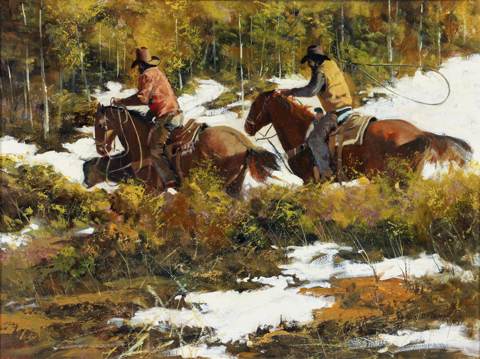 Richard D. Thomas Rounding a Stray Cattle Oil Painting 1983 (1 of 3)