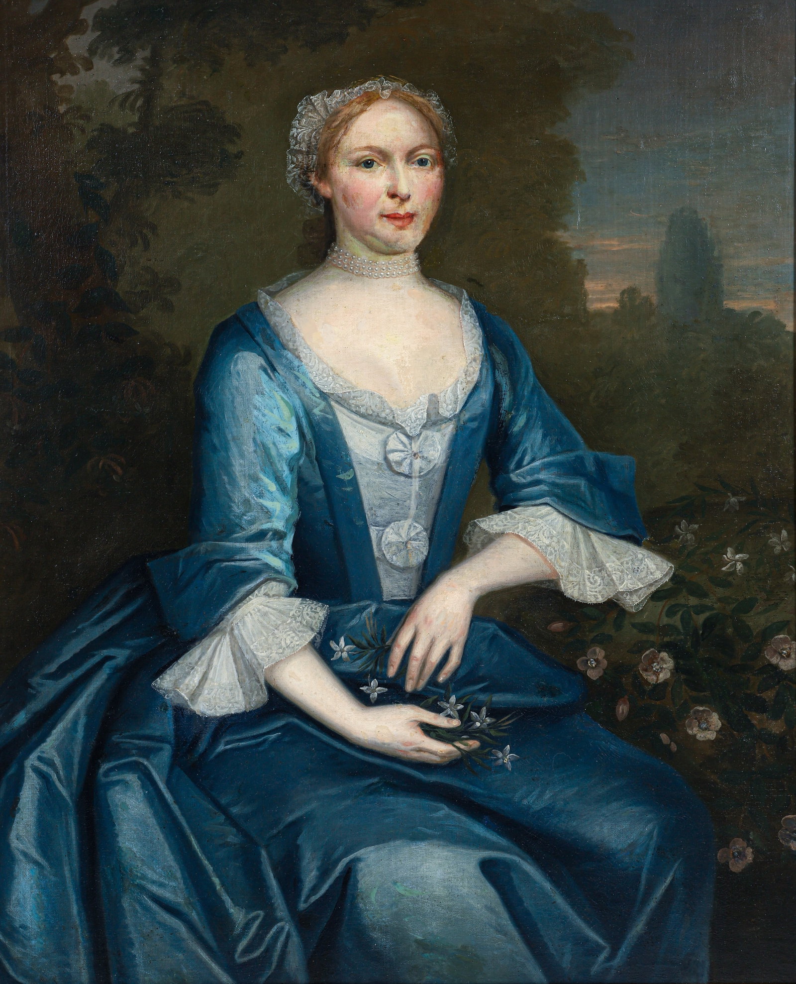18th century Oil Painting Portrait of a Lady: 18th century British Portraiture School, c.1750, oil on canvas, relined, apparently unsigned, 49 x 40 inches, in a gold painted wood frame 52 x 43 inches. Old handwritten label attributing the paintin