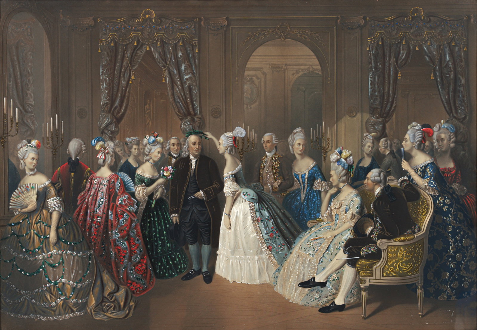 Handpainted Mezzotint Benjamin Franklin's Reception Court of France (1 of 10)