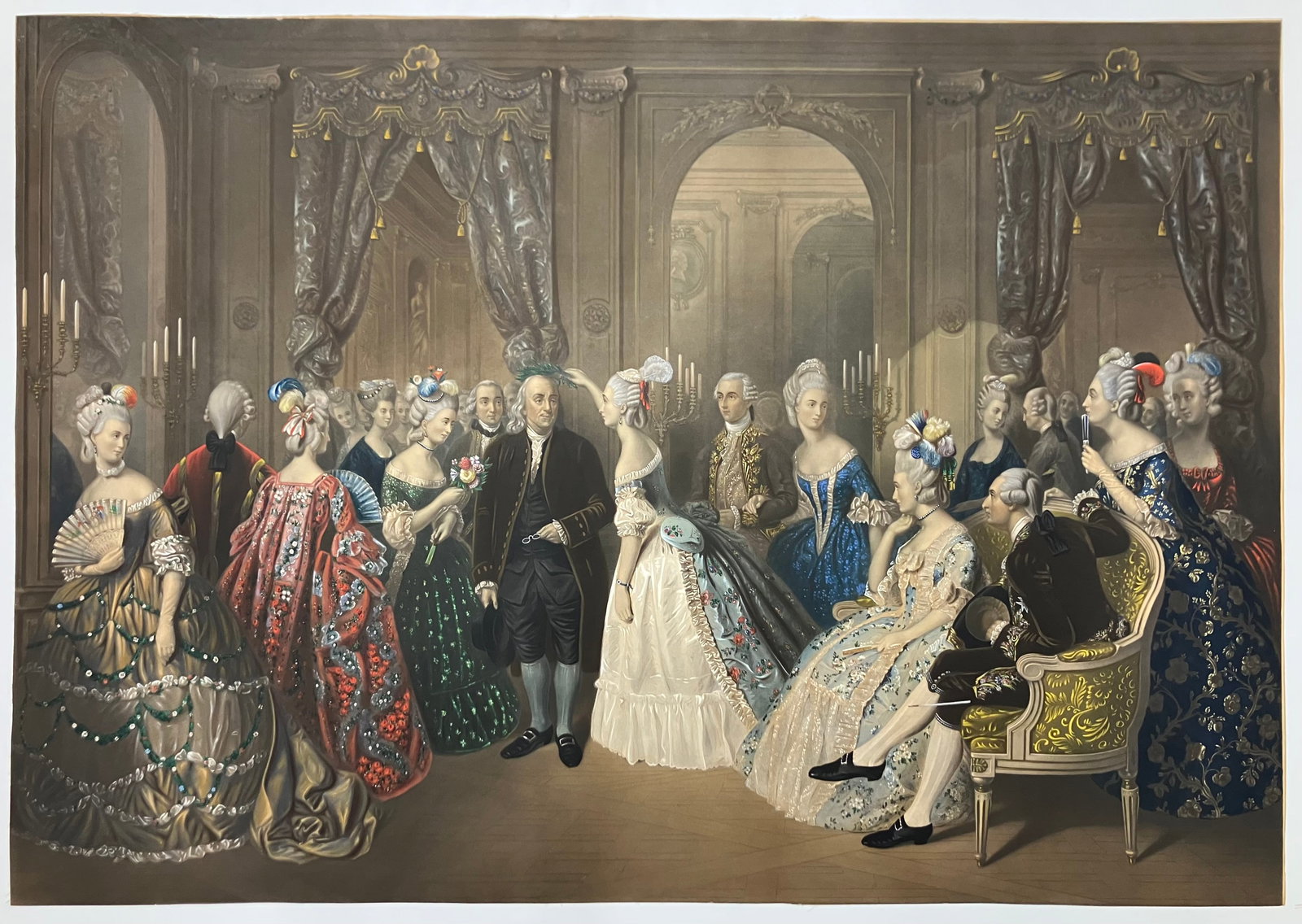 Handpainted Mezzotint Benjamin Franklin's Reception Court of France (1 of 7)