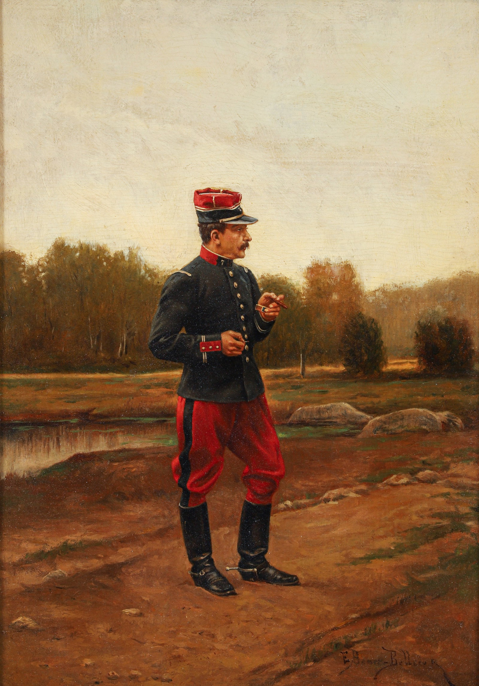 Etienne-Prosper Bellecoeur late 1800s Oil French Field Officer Smoking: Bellecoeur, Etienne-Prosper Berne (French 1838-1910), French Field Officer Smoking, oil on board, 15 x 11 inches, signed lower right, framed in a gilded Louis 16th style frame measuring 19 x 15 inches