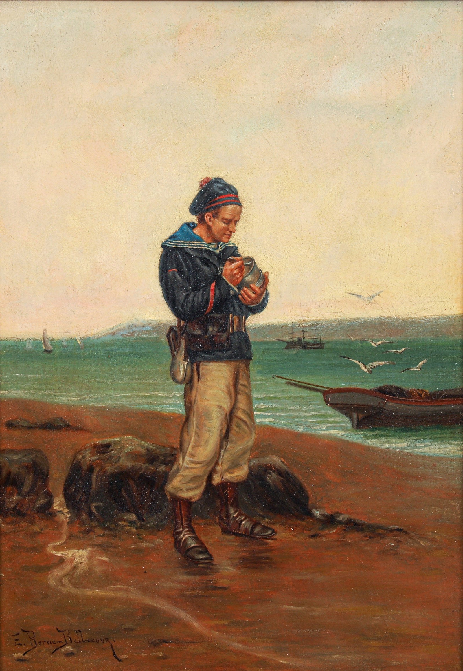 Etienne-Prosper Bellecoeur oil French Marine Coastal Meal: Bellecoeur, Etienne-Prosper Berne (French 1838-1910), French Marine Enjoying Meal along the Coast, oil on board, 15 x 11 inches, signed lower left, framed in a gilded Louis 16th style frame measuring 