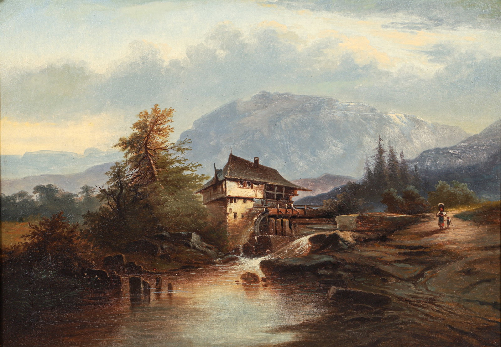 Bernard Heidland oil painting Water Mill in the Mountains: Heidland, Bernard (Austrian, c. 1840-1880), Water Mill in the Mountains, oil on canvas, 24 x 34 inches, signed lower left corner, in a period frame measuring 36 x 46.5 inches.