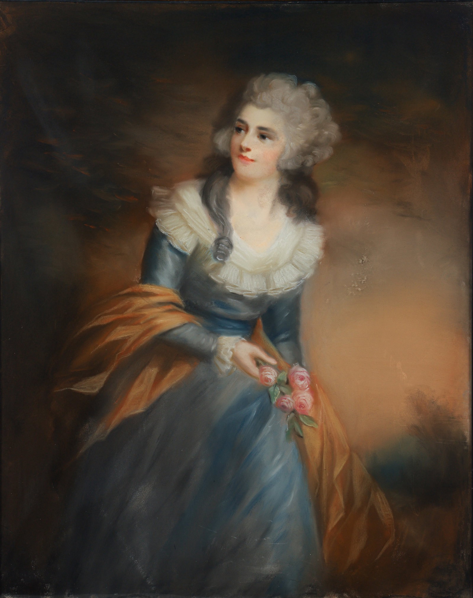 Joshua Kirby Pastel Portrait of Elizabeth Dodsworth-Tunstall: Kirby, Joshua (British, 1716-1774), Portrait of Elizabeth Dodsworth-Tunstall, 1760s, pastel on paper, apparently unsigned. Portrait of an 18th century Lady dressed in blue with pink roses in her hand.