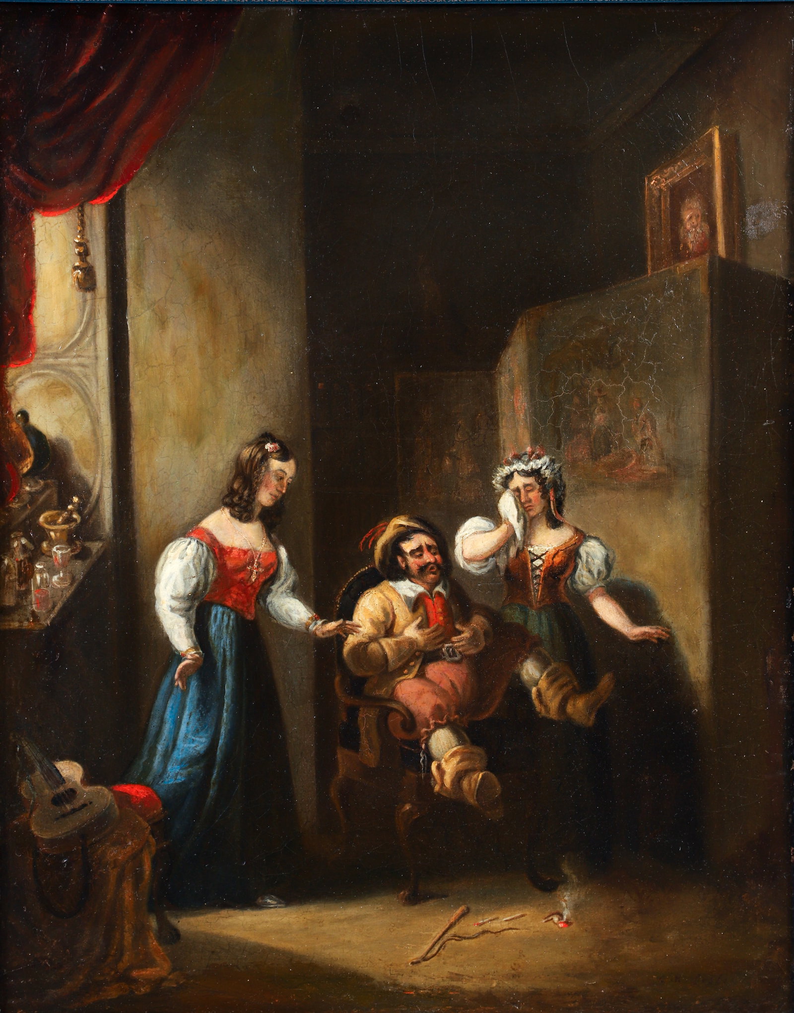 Charles Robert Leslie oil painting The Merry Wives: Leslie, Charles Robert (English/American/Pennsylvania 1794-1859), Scene from The Merry Wives of Windsor, oil on canvas, 18 x 14 inches, signed lower right, framed measuring 24 x 21 inches.