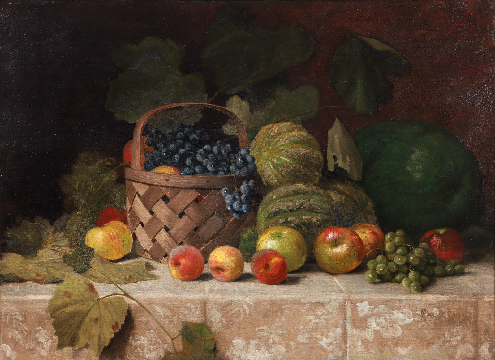 Charles McOwen 19th century Still Life with Fruit in Ornate Frame: McOwen, Charles (British, 1843-1892), Still Life with Fruit, undated, oil on canvas, relined, signed lower right, 25 x 34 inches, in a lovely gilt wood frame 37 x 45 inches. Provenance: The personal c