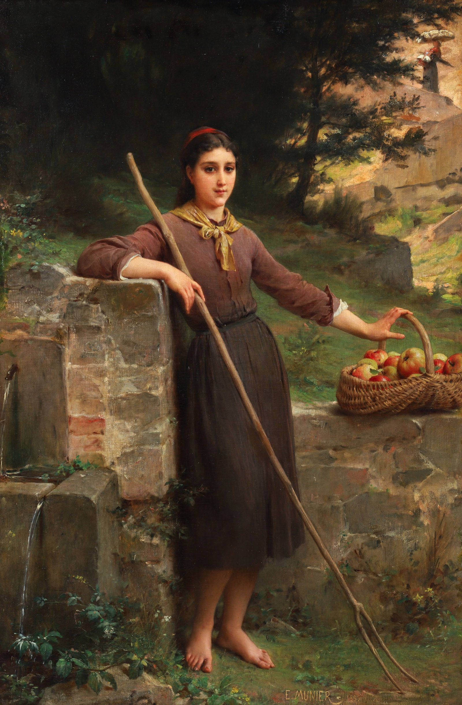 Emile Munier 1889 oil Young Woman by the Well: Munier, Emile (French, 1840-1895), Young Woman by the Well, 1889, oil on canvas, since relined, signed and dated lower center, 40.5 x 27.25 inches (102.3 by 69 cm.), framed 47.25 x 33.75 inches (120.5
