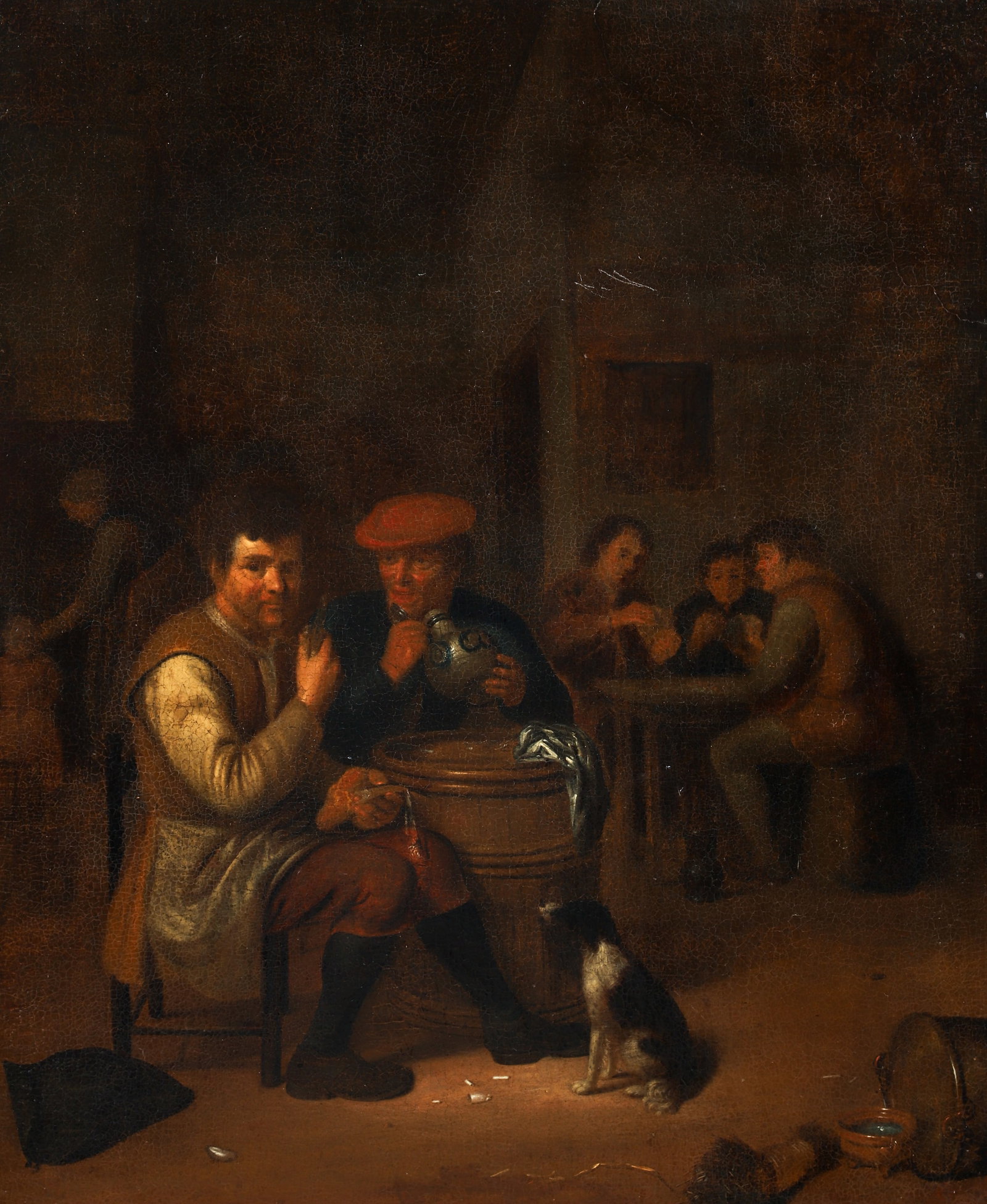 Dutch Lowlands Tavern Scene Attributed David Ryckaert III: Ryckaert (Ryjckaert) III, attributed to David (Flemish/Belgian, 1612-1661), Lowlands Genre Tavern Scene with Fish Eaters, Drinkers and Cardplayers, oil on canvas, laid down on a cradled wood panel, 24