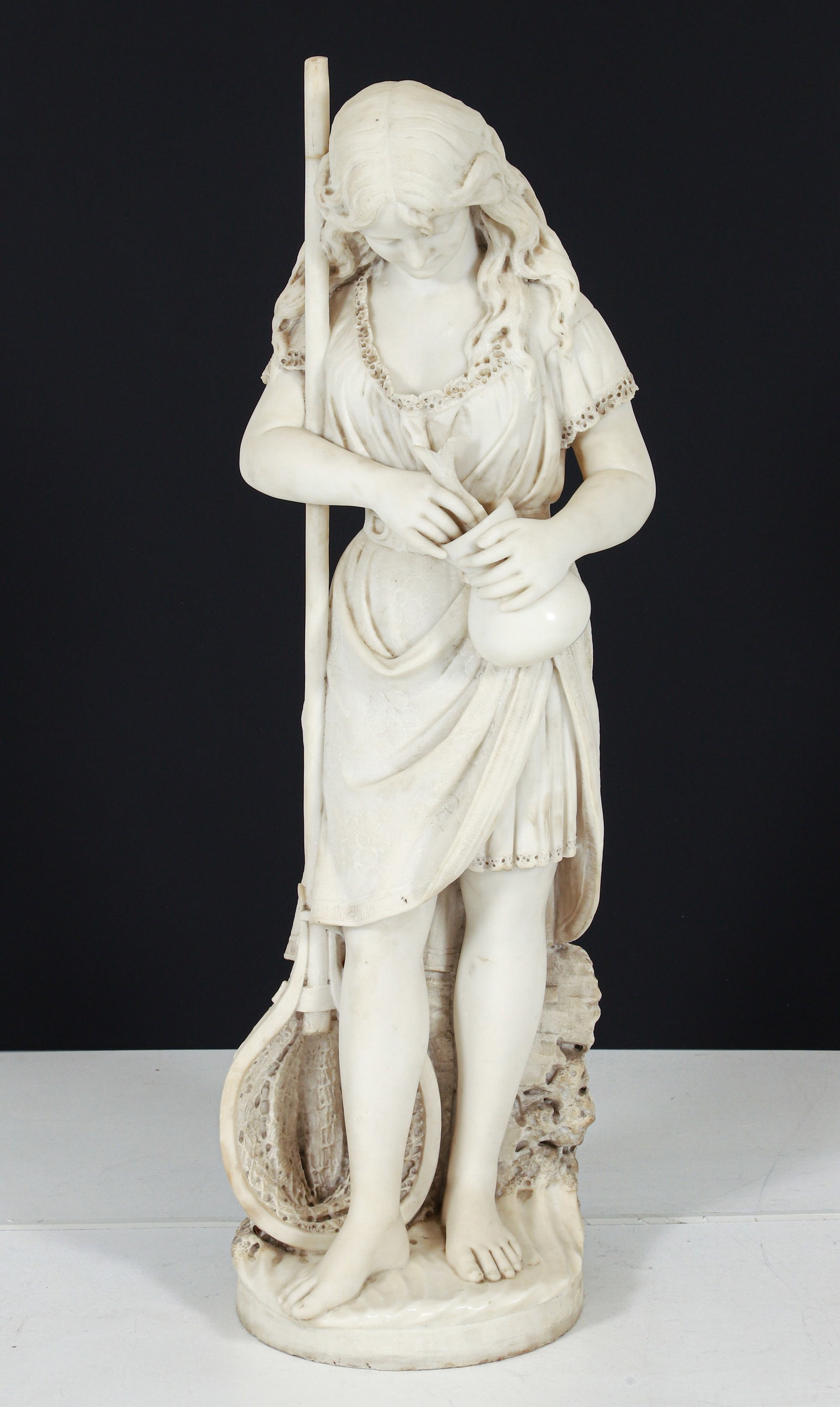 19th century Petro Barzanti Italian Marble Sculpture Fisherwoman: Barzanti, Pietro (Italian, 1842-1881), Fisherwoman, late 19th century, marble sculpture. Finely carved depiction of a fisherwoman with a freshly caught fish, net at side. Incised signature at back alo