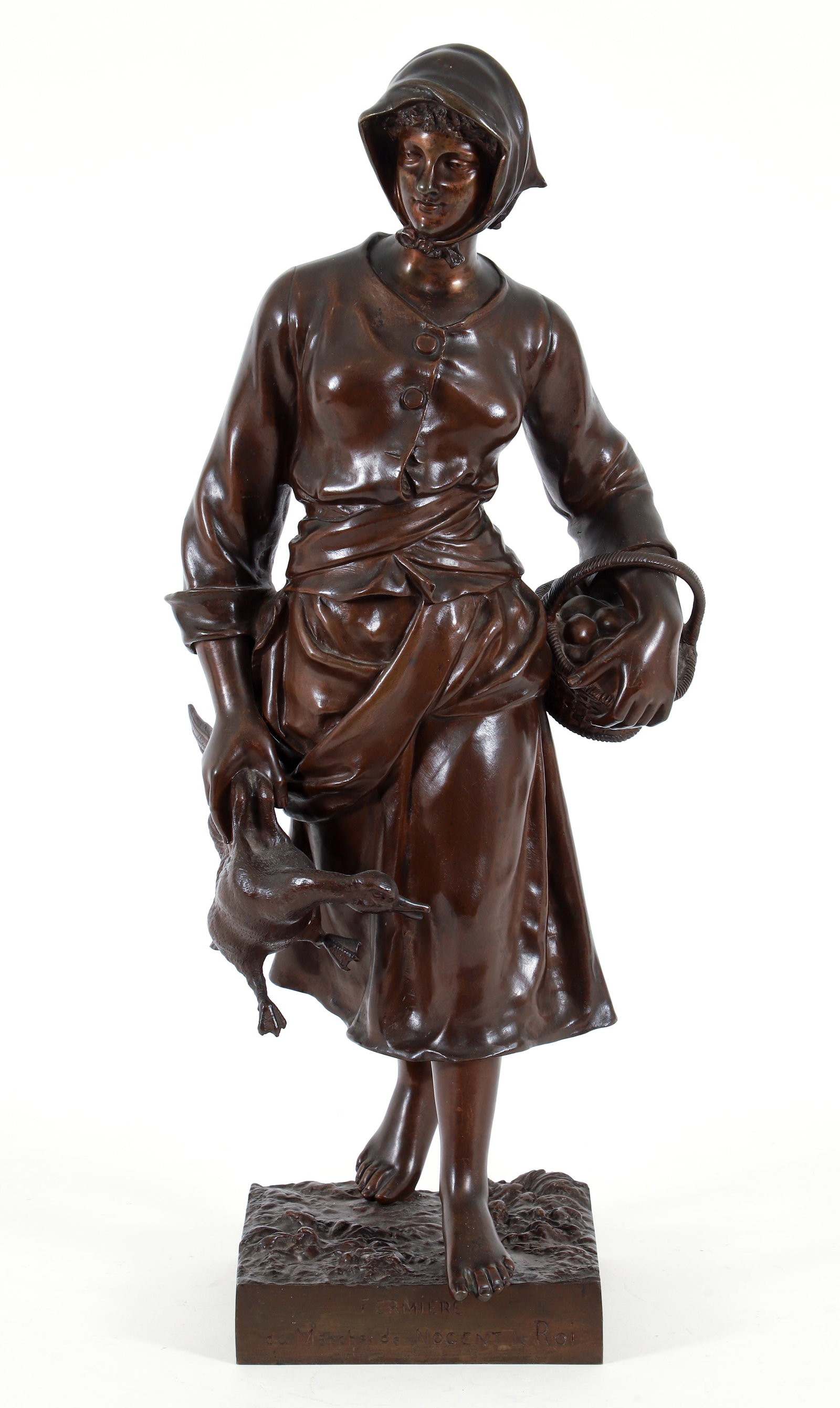Fermiere du Marche de Nogent le Roi Bronze Sculpture: Debut, Attributed to Marchel (French, Fermiere du Marche de Nogent le Roi, patinated bronze sculpture. Depicting a farm girl walking at the market. Titled at base. Cast signature at base. 25.5 x 10 x 