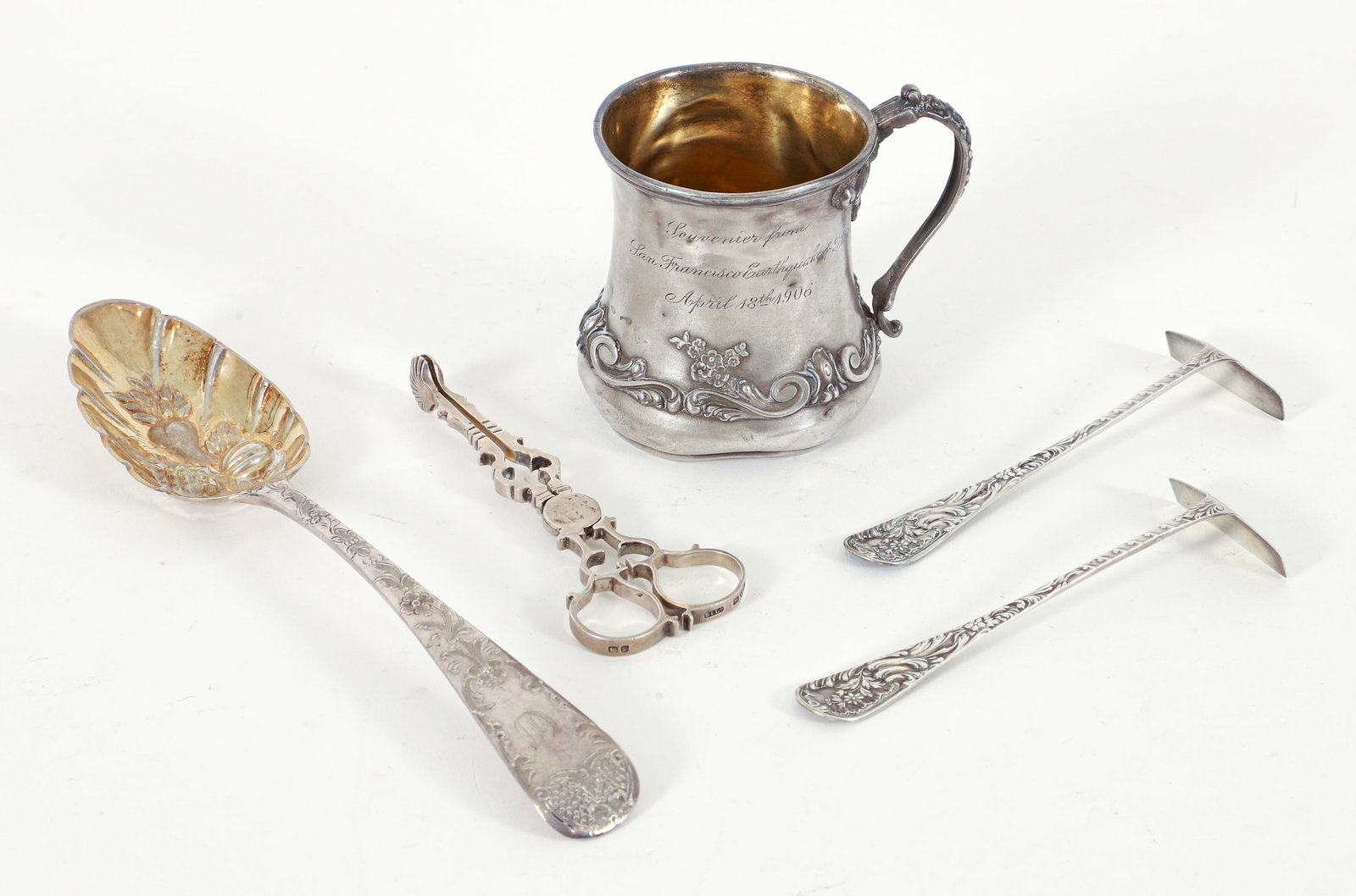 5 Pieces of American and English Sterling Silver: 5 pieces of sterling silver. Includes: Simons Bro. and Co. engraved Christening mug commemorating the San Francisco Earthquake April 18, 1906, and Laird Cornish Simons; 2 J.R. Reed and Co. monogrammed