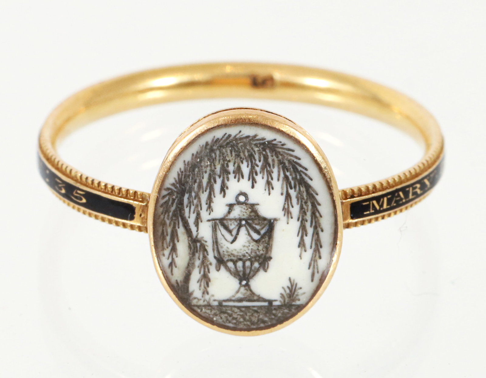 14K Gold Mourning Ring Mary Poplewell 1778: 14K Mourning Ring with funeral urn plaque decoration under glass, band has name and date, weighs approximately 2.9 grams, ring size 9.5 or 10. Plaque approximately 0.45 inches tall. Illegible stamp on