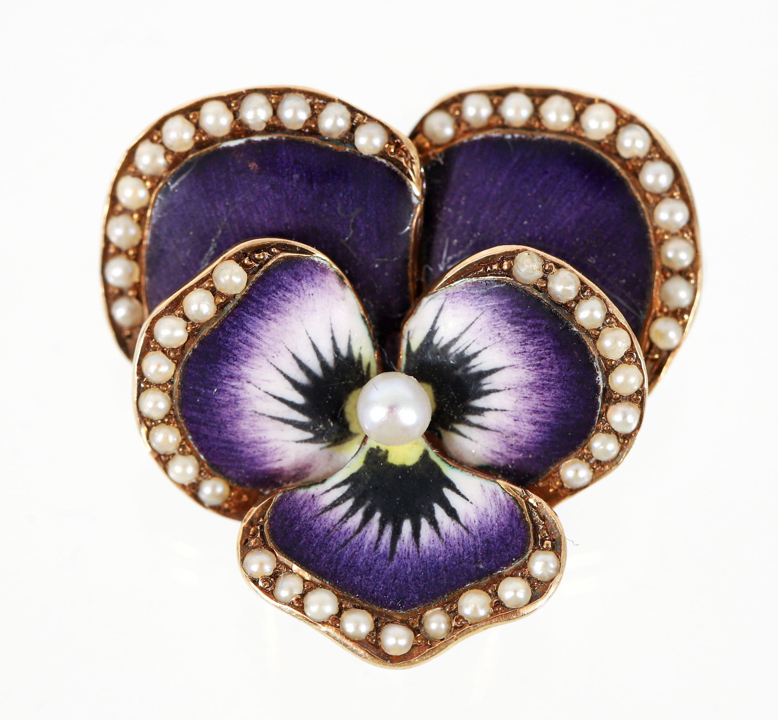 Antique 14K Gold French Art Nouveau Pansy Brooch: Antique 14K French Art Nouveau Pansy Brooch, enameled metal with seed pearl borders and center pearl, with 14K and another unidentified mark on the reverse, approximately 0.75 inches tall, weighs appr