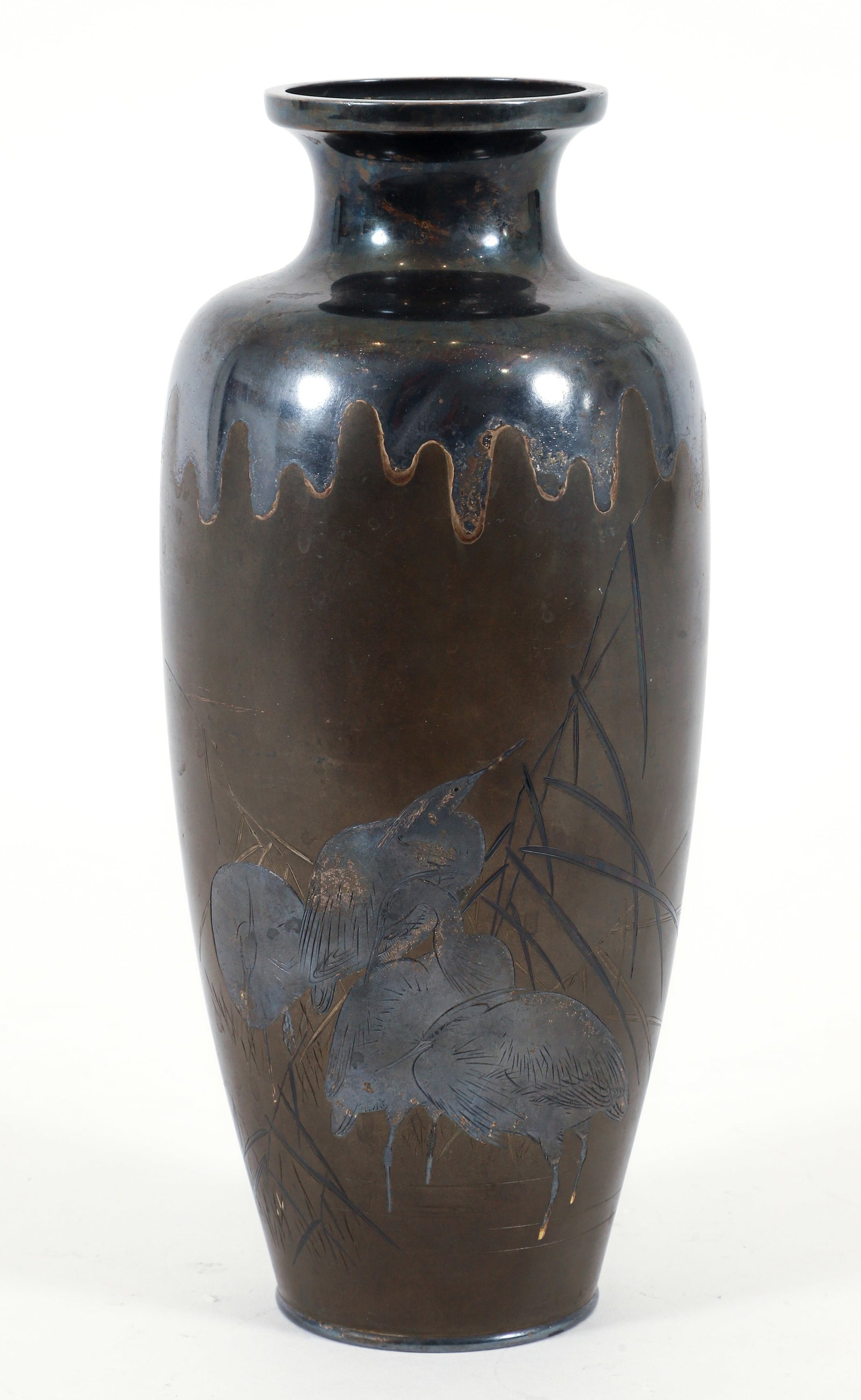 Signed Meiji Period Mixed Metal Crane Motif Vase: Meiji period silver and shibuichi mixed metal crane motif vase. Hand chased with molten silver overlay at the neck, along with laid silver cranes, gilt accents. Signed at side above a gilt chopmark. 1
