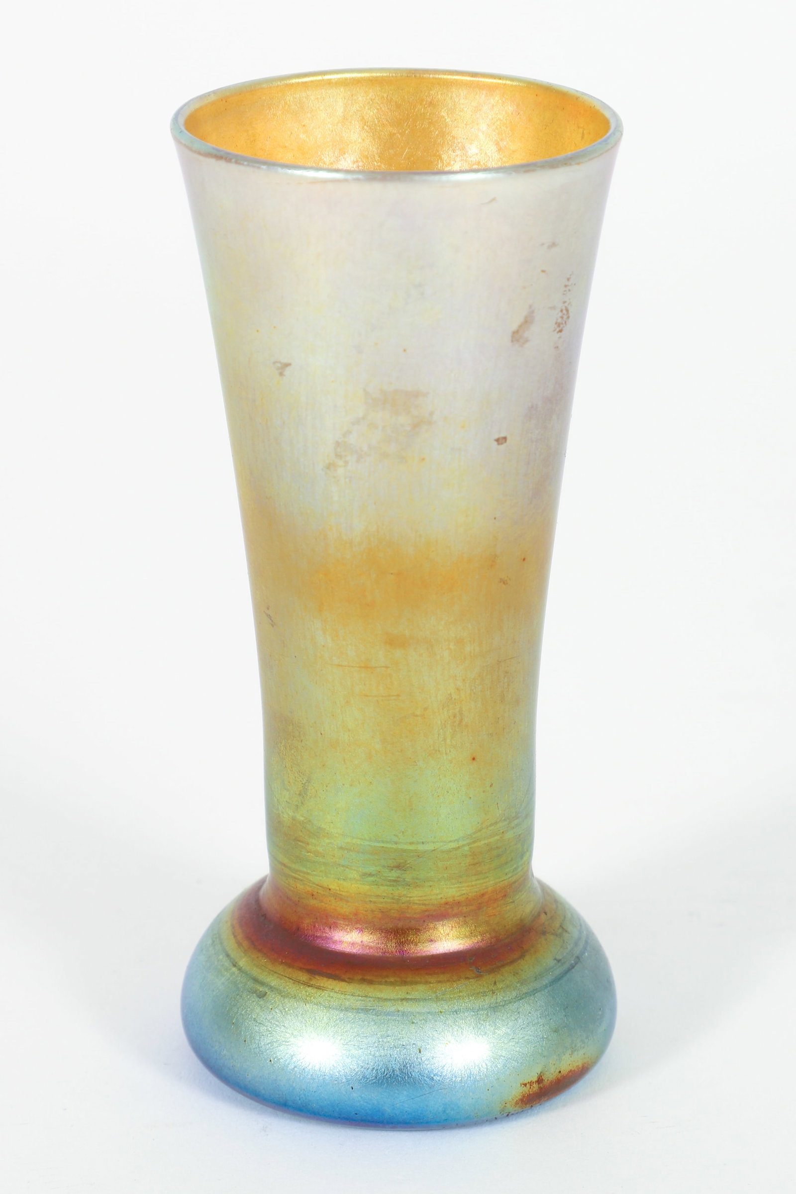 Louis Comfort Tiffany Gold Favrile Vase: Louis Comfort Tiffany gold favrile vase. Initialed at underside. Polished pontil. 4.75 x 2.25 inches.