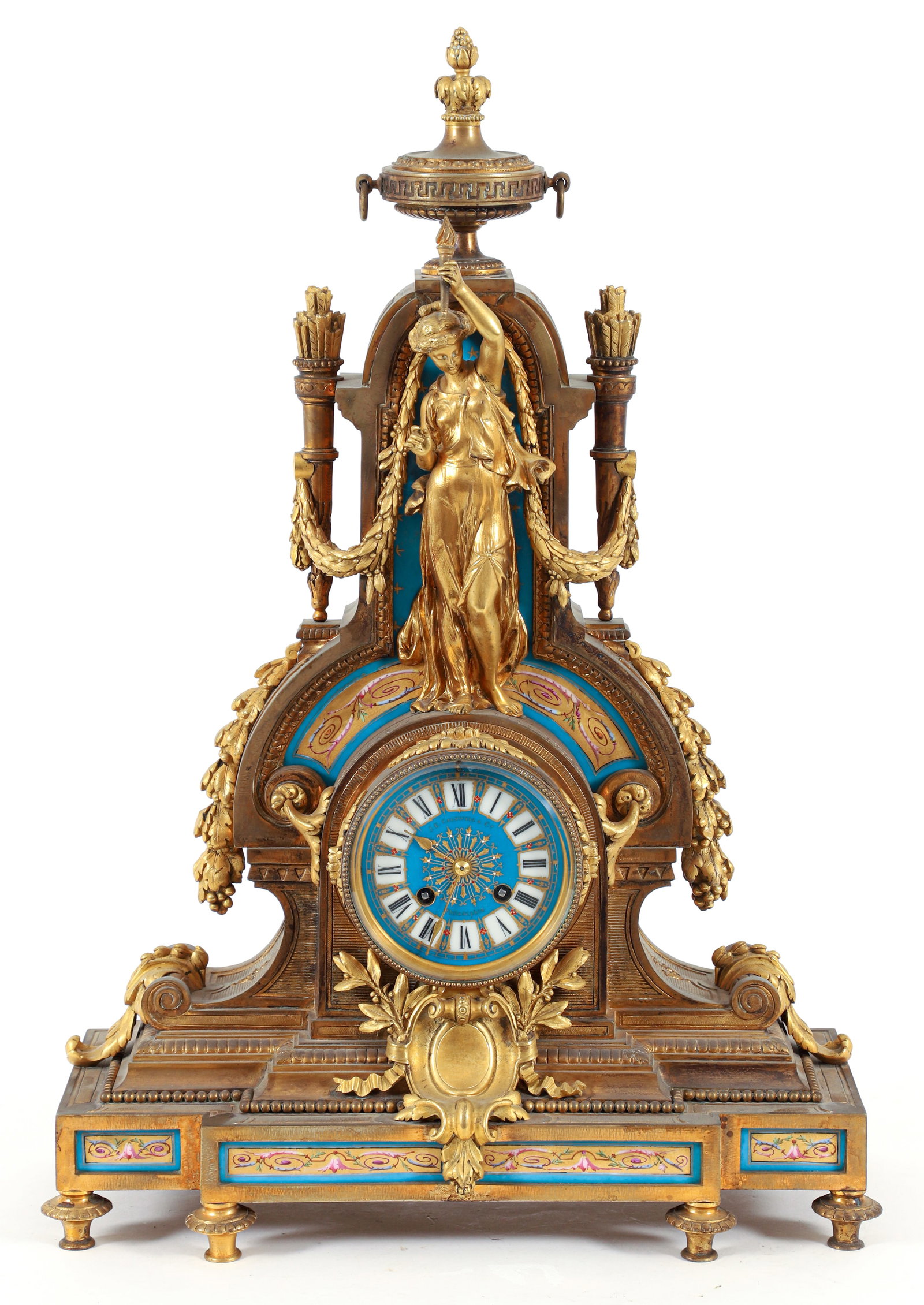 Louis XVI Ormolu Mantel Clock: Finely cast gilt bronze Neoclassical style mantel clock, Japy Freres movement, French, late 19th century. Retailed by J.E. Caldwell, Philadelphia, PA. Handpainted porcelain insets with floral and