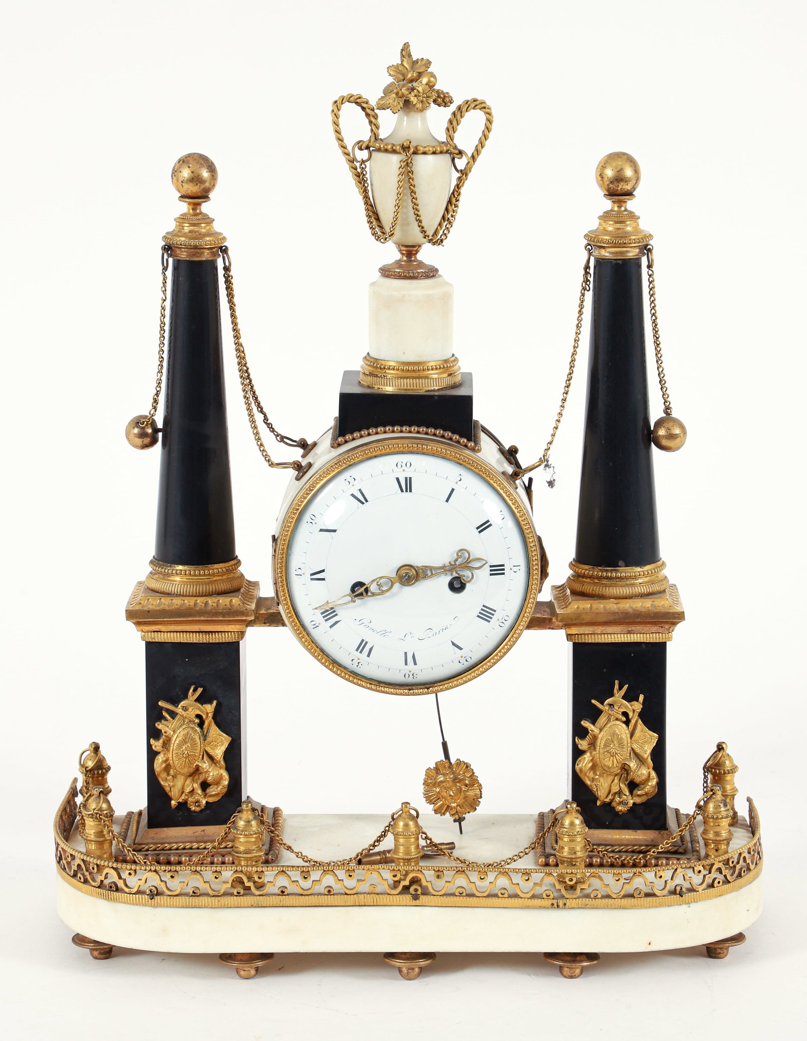 Gavelle L'Aine Louis XVI Ormolu and Marble French Mantle Clock: Pierre Gavelle (French, 1753-1802), known as Gavelle L'Aine, Louis XVI ormolu and marble portico mantel clock, French, late 18th century. With key. 18.25 x 14 x 5.75 inches. The clockmaker Pierre