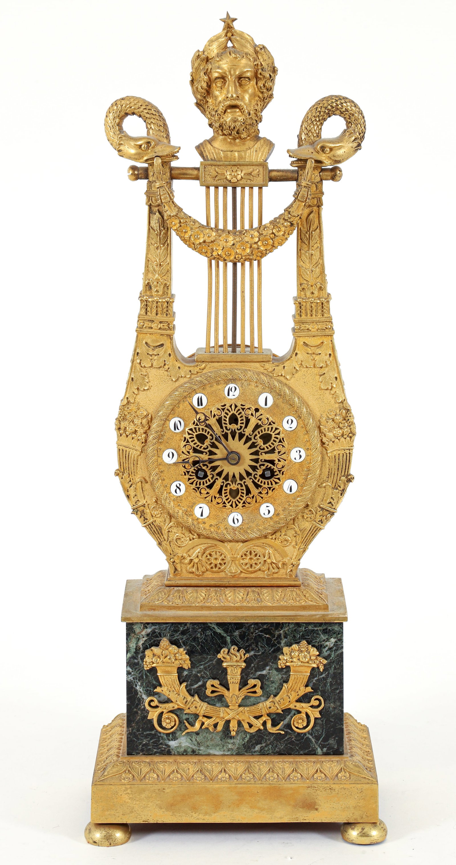 Poseidon Motif Neoclassical Finely Cast Mantel Clock: Poseidon motif Neoclassical ormolu and marble mantel clock, 19th century. Likely French. Variegated marble base, Poseidon above a lyre. movement marked SR, . 20.25 x 7.5 x 4.75 inches. Provenance: