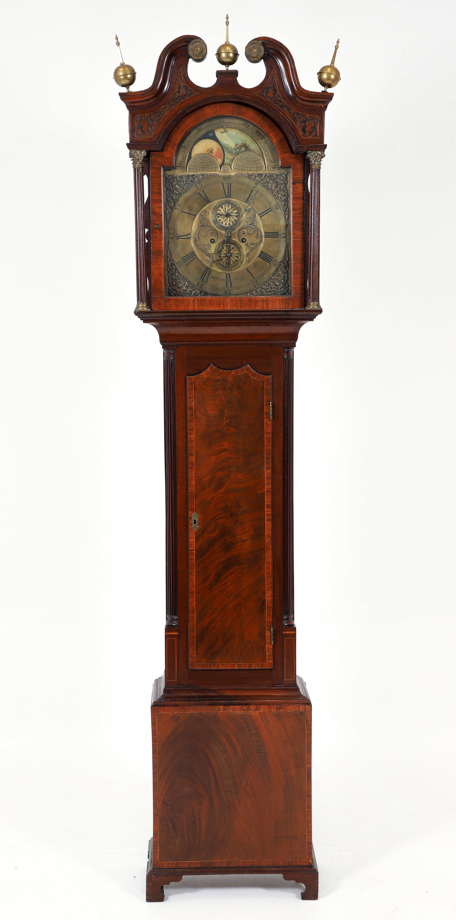 18th Century Tall Case Clock by John Dickman of Leith Edinburgh: 18th Century Tall Case Clock, with signed dial John Dickman, Leith (Edinburgh, Scotland), mahogany case with some inlay, broken arch pediment with brass rondels at returns, bracket feet with brass