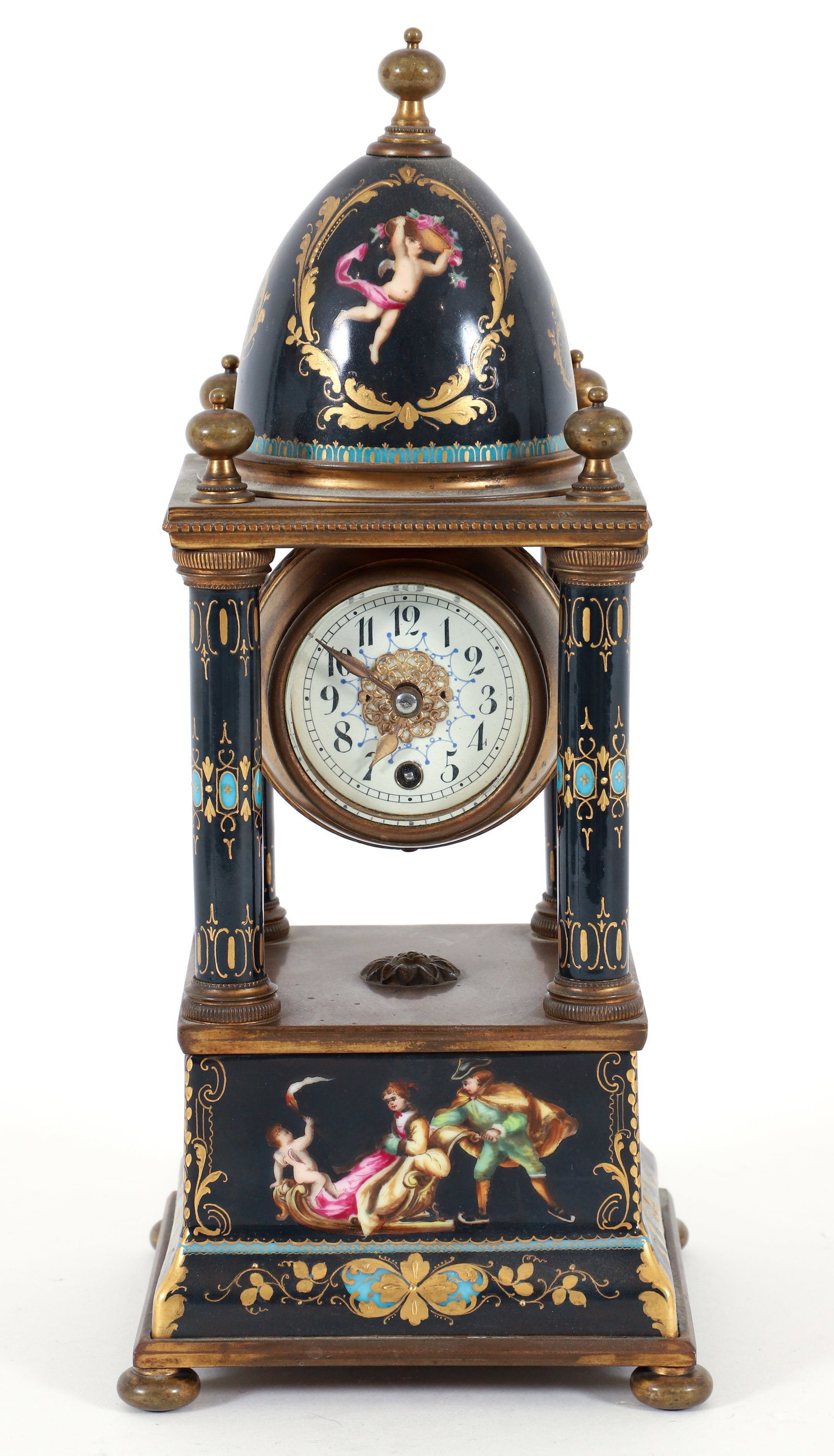 Gustav Becker Porcelain and Ormolu Portico Clock: Gustav Becker handpainted porcelain portico clock, German, 1895-1900. Porcelain possibly Royal Vienna. Depicting putti and courting scenes on black ground, with gilt accents and raised enamel